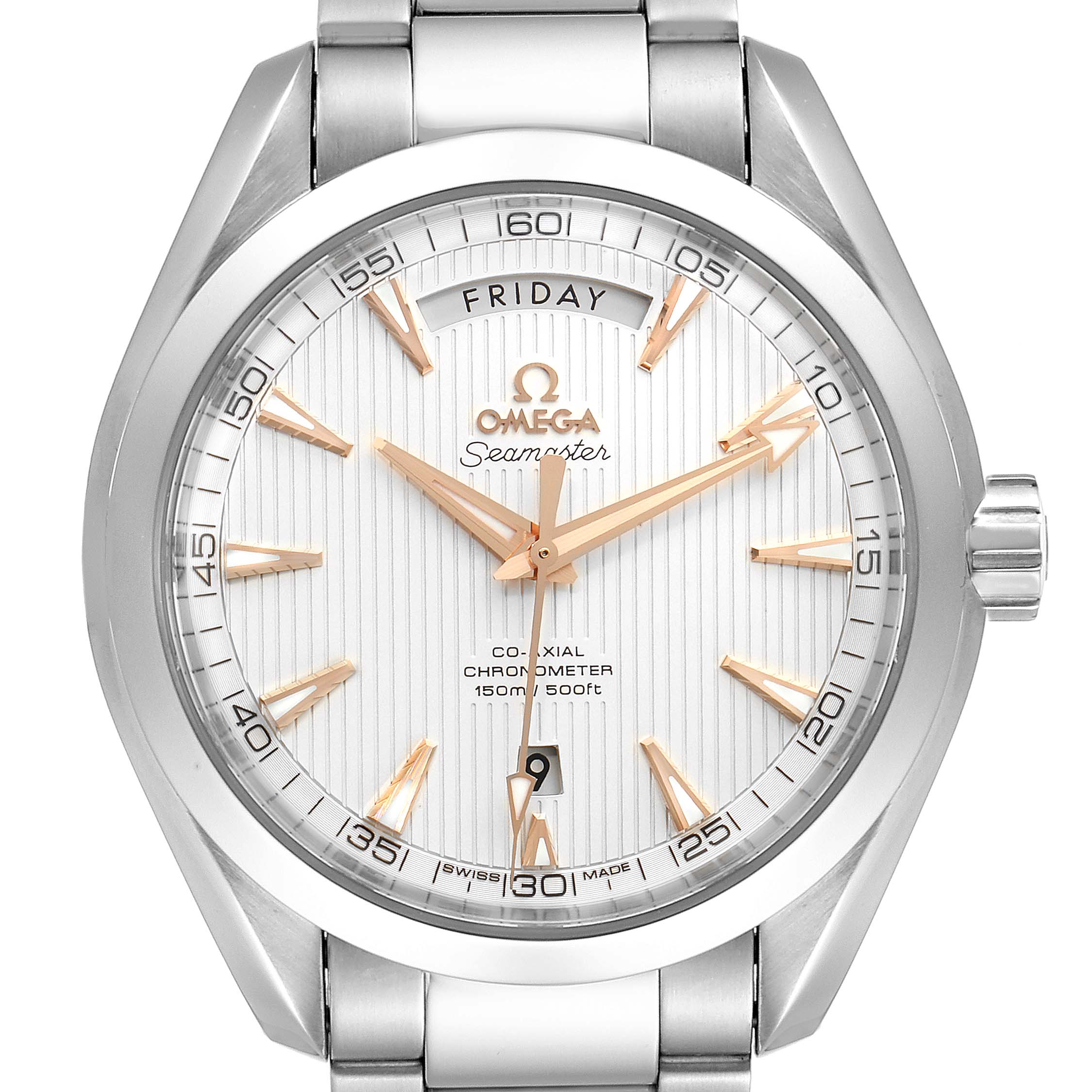 This image shows a front view of the Omega Aqua Terra 231.10.42.22.02.001  Men
s Stainless Steel Silver Dial 231.10.42.22.02.001  Men
s Stainless Steel Silver Dial Seamaster watch, highlighting the dial, hands, and bracelet.