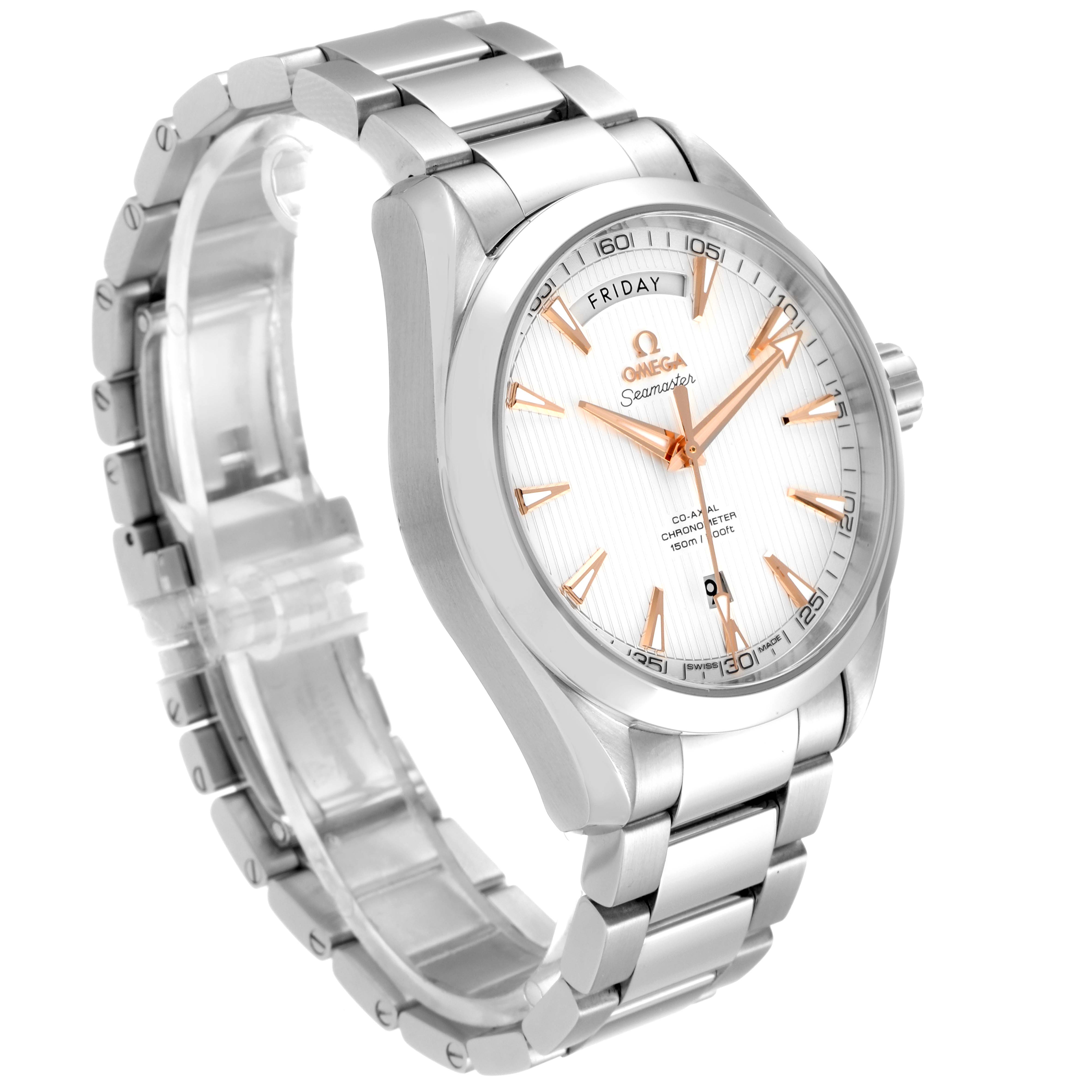 The image shows an Omega Aqua Terra 231.10.42.22.02.001  Men
s Stainless Steel Silver Dial 231.10.42.22.02.001  Men
s Stainless Steel Silver Dial watch at a three-quarter angle, highlighting its face, bezel, crown, and metal bracelet.