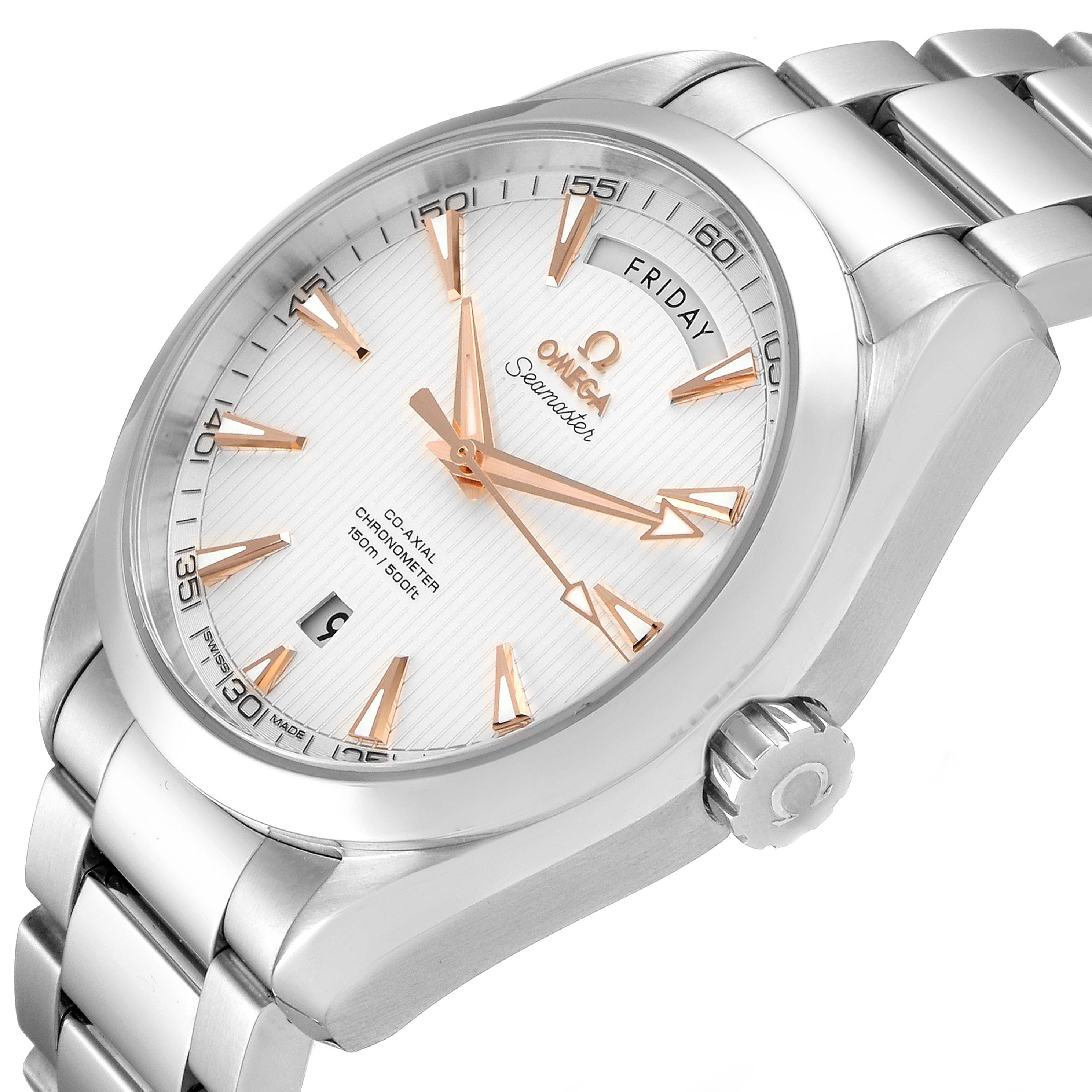 The image shows an angled view of an Omega Aqua Terra 231.10.42.22.02.001  Men
s Stainless Steel Silver Dial 231.10.42.22.02.001  Men
s Stainless Steel Silver Dial watch, highlighting the face, crown, and part of the bracelet.