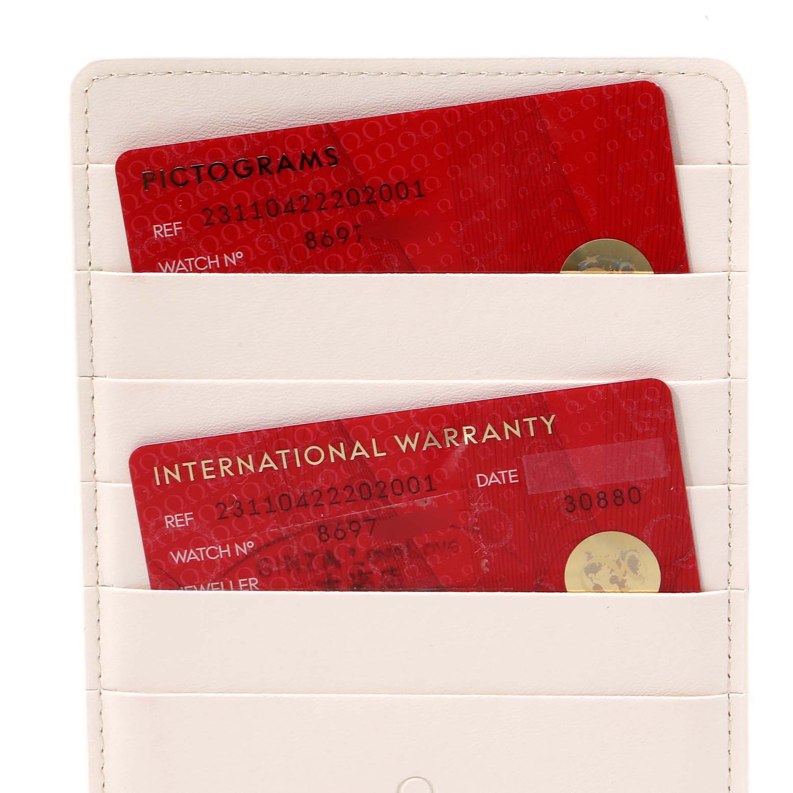 This image shows the warranty cards for the Omega Aqua Terra 231.10.42.22.02.001  Men
s Stainless Steel Silver Dial 231.10.42.22.02.001  Men
s Stainless Steel Silver Dial model, displayed in a white cardholder.