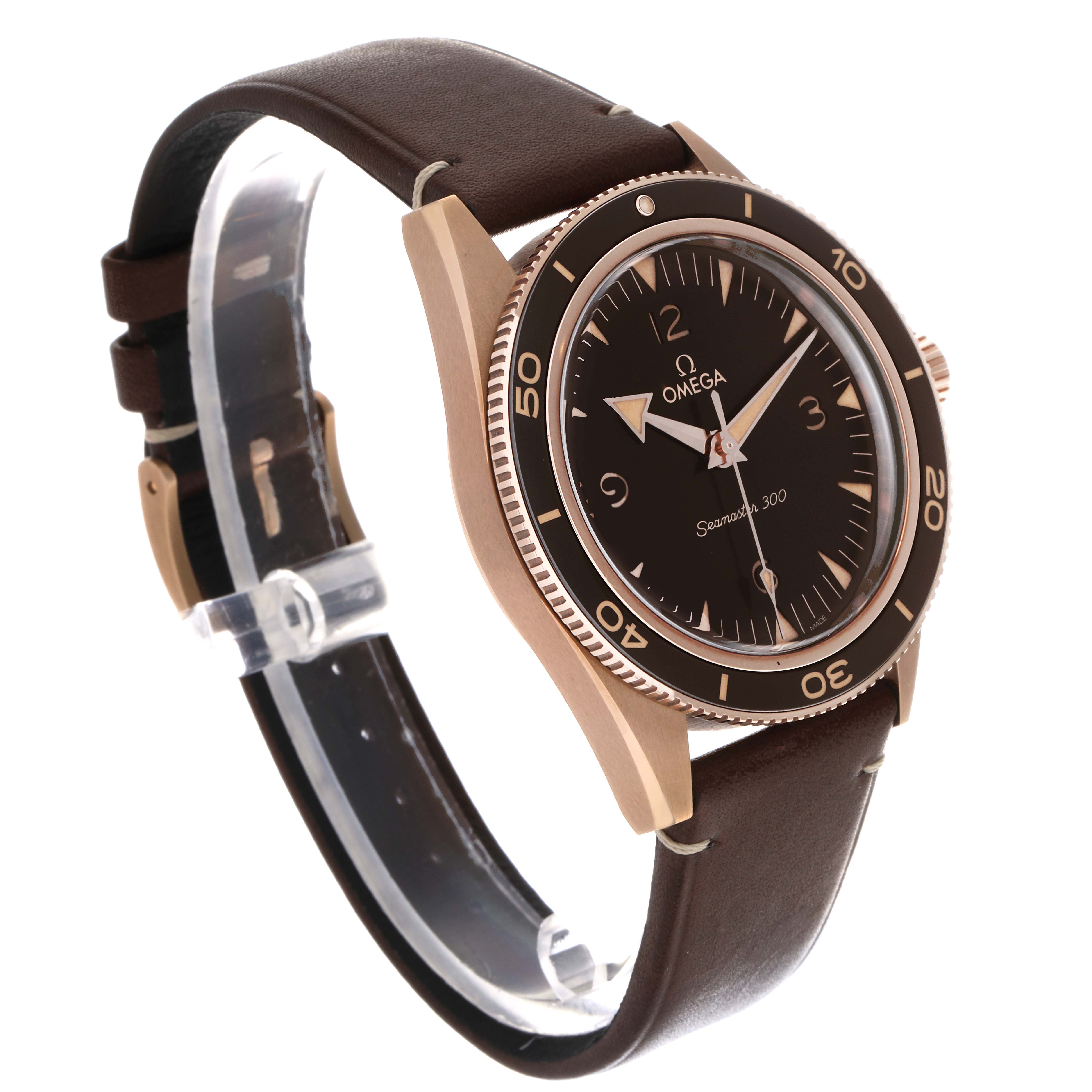 The Omega Seamaster 234.92.41.21.10.001 Men
s Rose Gold Brown Dial 234.92.41.21.10.001 Men
s Rose Gold Brown Dial watch is shown at a three-quarter angle, highlighting the face, bezel, and brown leather strap.