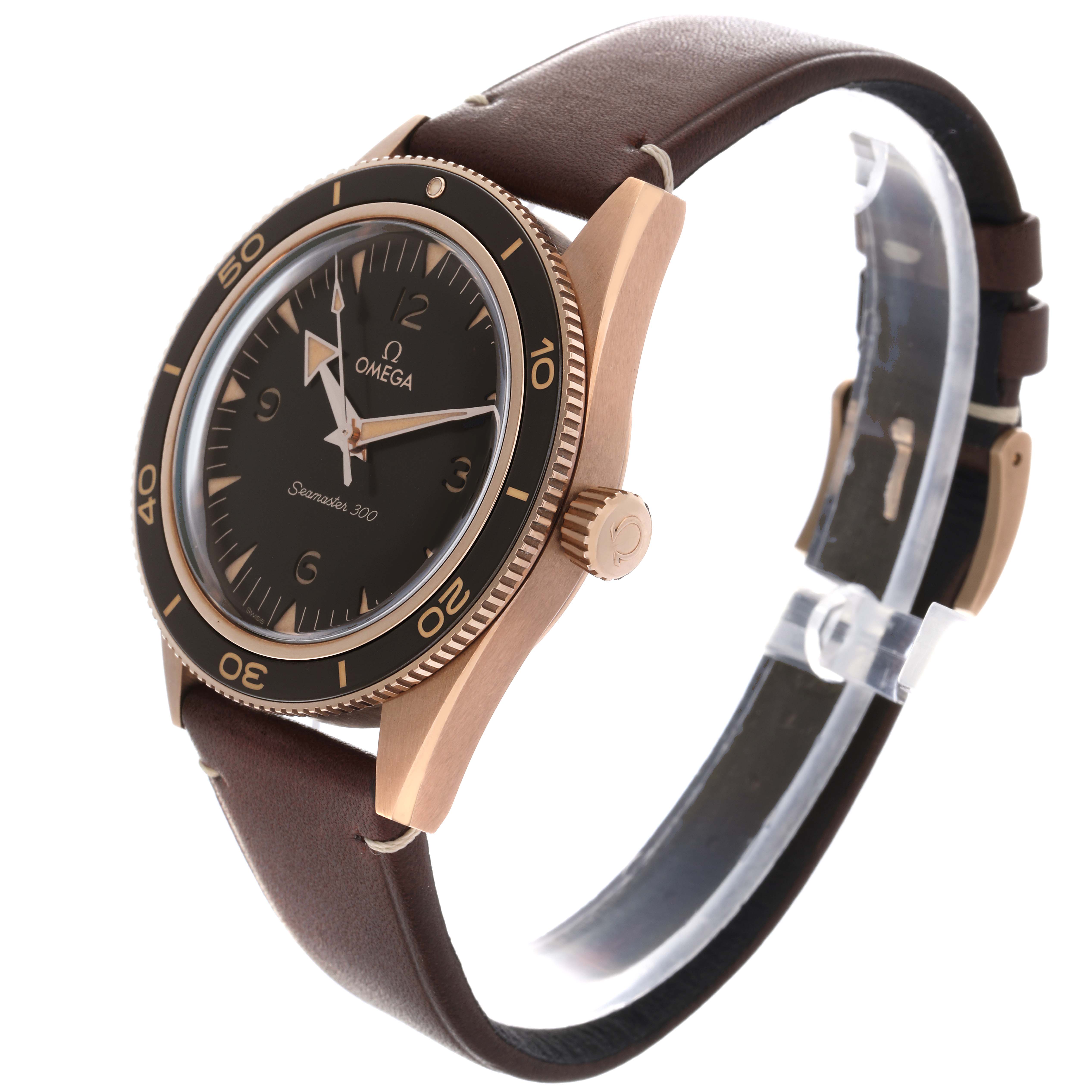 The Omega Seamaster 234.92.41.21.10.001 Men
s Rose Gold Brown Dial 234.92.41.21.10.001 Men
s Rose Gold Brown Dial watch is shown at a slight angle, displaying the bezel, face, crown, and part of the leather strap.