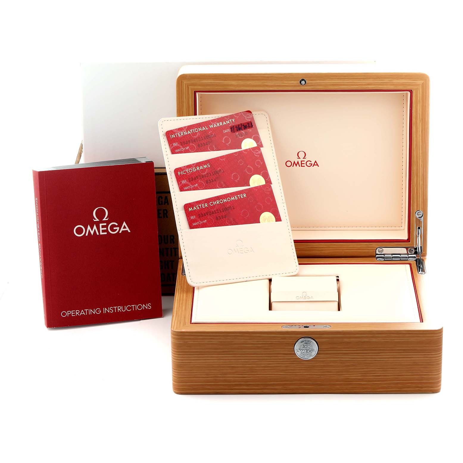 The image shows the Omega Seamaster 234.92.41.21.10.001 Men
s Rose Gold Brown Dial 234.92.41.21.10.001 Men
s Rose Gold Brown Dial box, warranty cards, and operating instructions, viewed from the front.