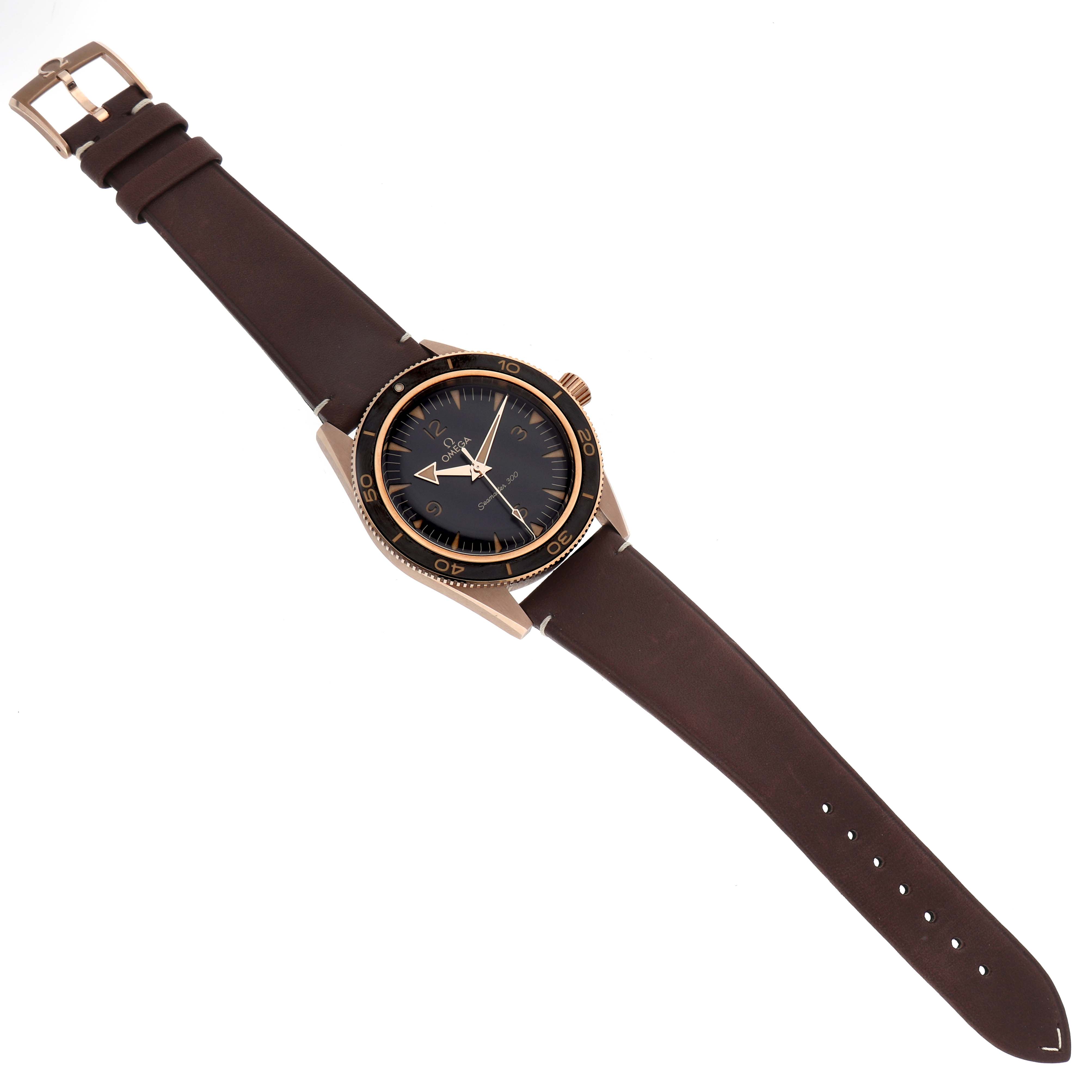 The Omega Seamaster 234.92.41.21.10.001 Men
s Rose Gold Brown Dial 234.92.41.21.10.001 Men
s Rose Gold Brown Dial watch is displayed from a top-down angle showing the full brown strap, black dial, and bezel with rose gold accents.