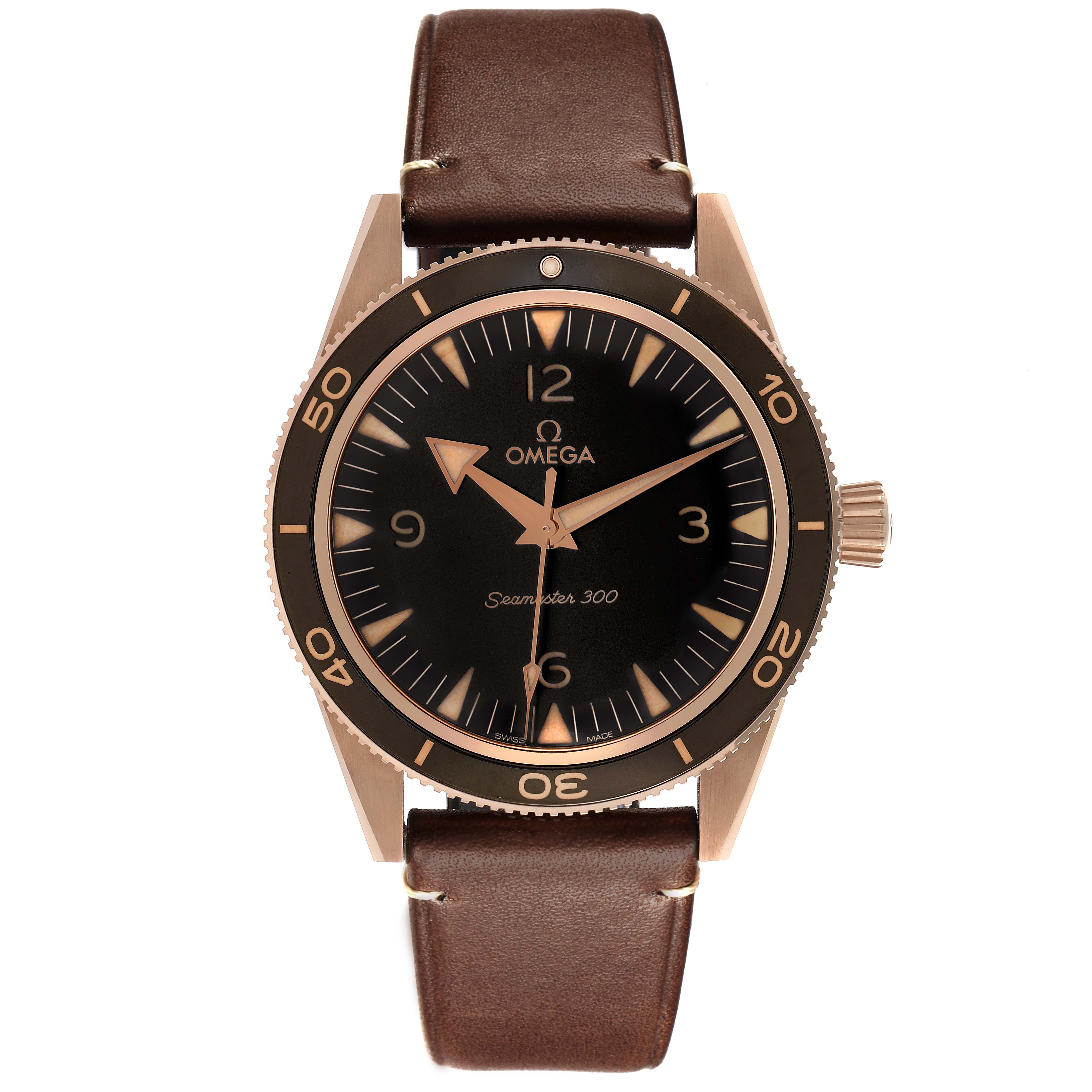 The Omega Seamaster 234.92.41.21.10.001 Men
s Rose Gold Brown Dial 234.92.41.21.10.001 Men
s Rose Gold Brown Dial watch is shown from a top-down angle, highlighting the face, bezel, and leather strap.