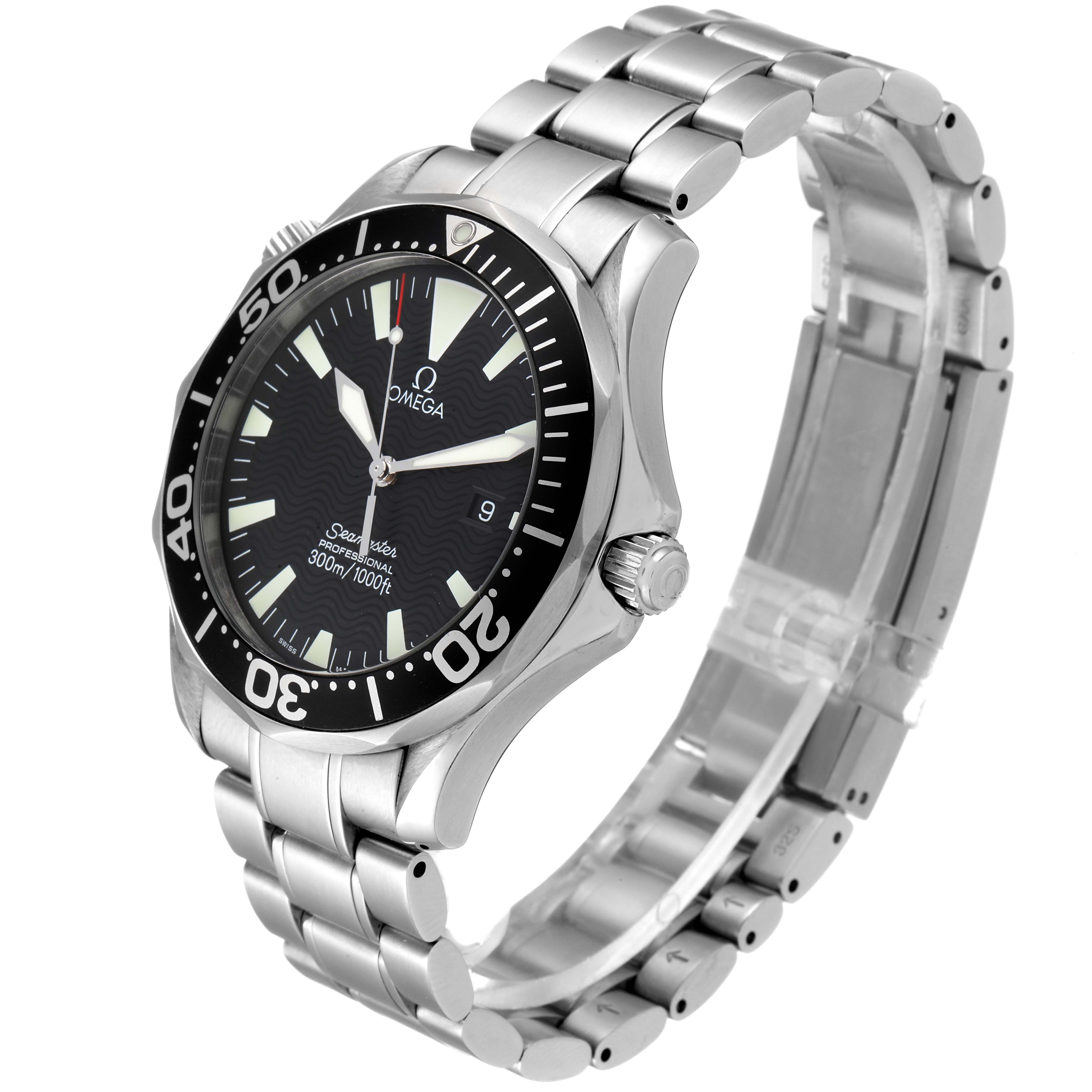 The image shows an Omega Seamaster 2264.50.00 Men's Stainless Steel Black Dial 2264.50.00 Men's Stainless Steel Black Dial watch at an angle highlighting the face, bezel, crown, and bracelet.