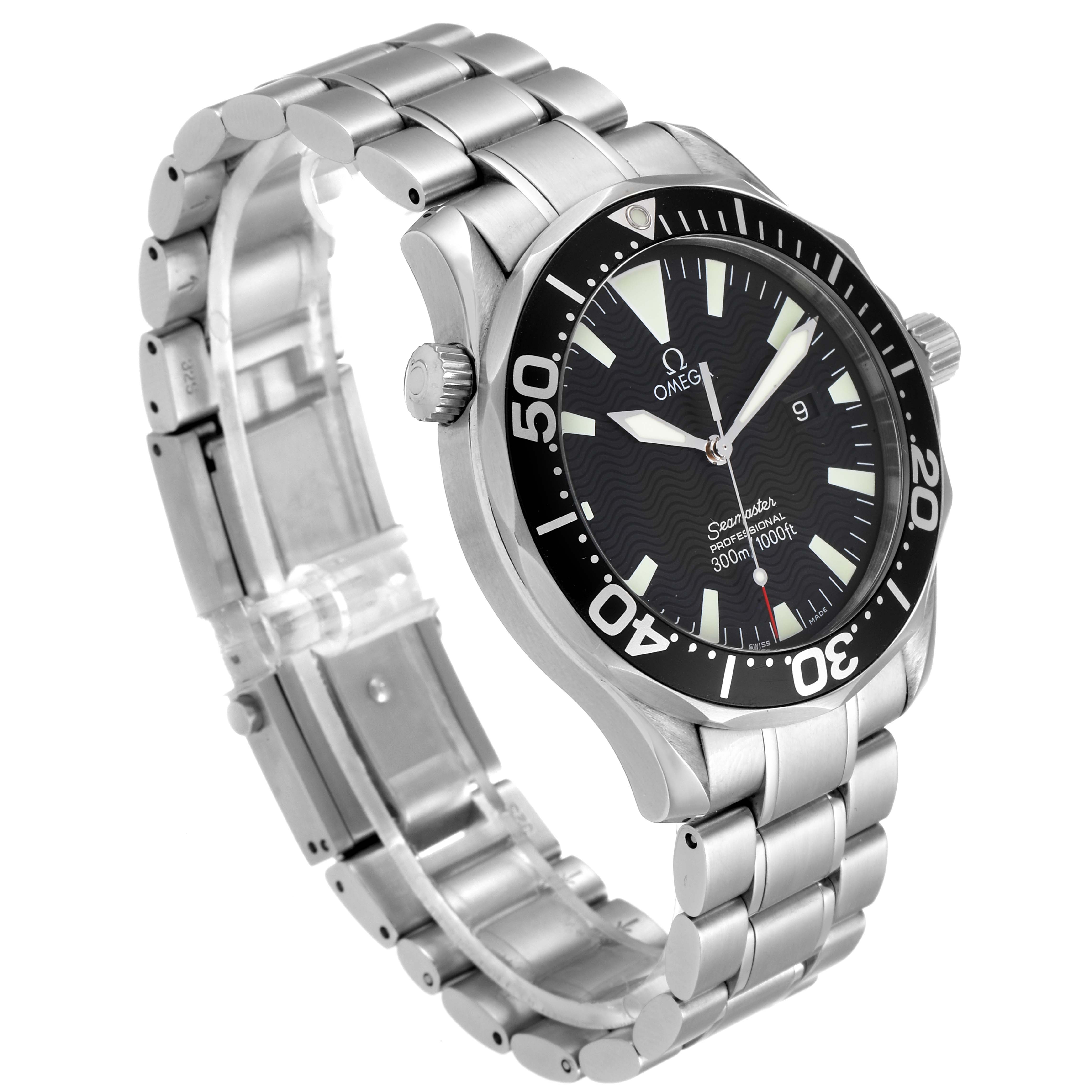 The image shows a side angle of the Omega Seamaster 2264.50.00 Men's Stainless Steel Black Dial 2264.50.00 Men's Stainless Steel Black Dial watch, highlighting the dial, bezel, bracelet, and crown.