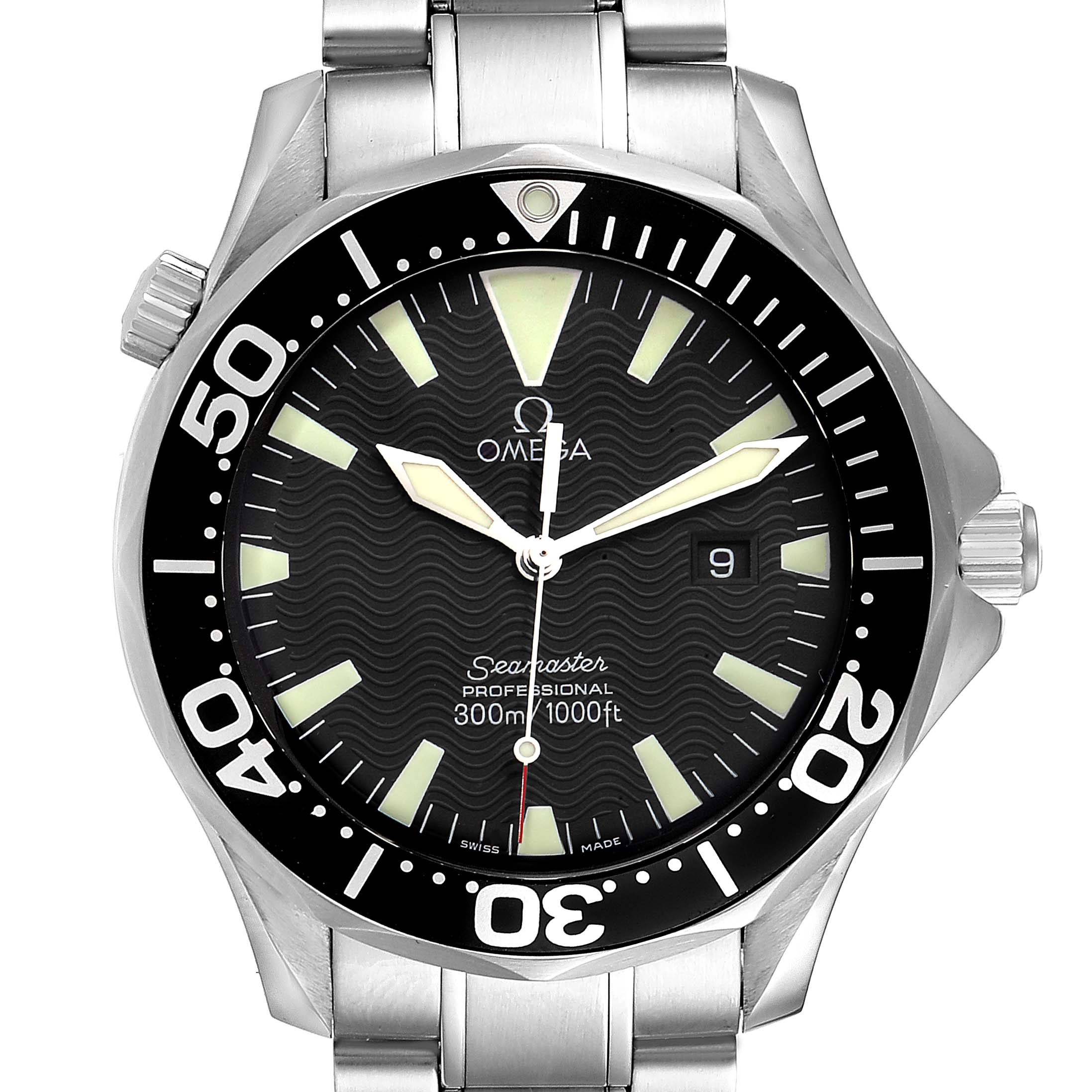 The image shows a frontal view of the Omega Seamaster 2264.50.00 Men's Stainless Steel Black Dial 2264.50.00 Men's Stainless Steel Black Dial watch, highlighting its dial, bezel, and bracelet.