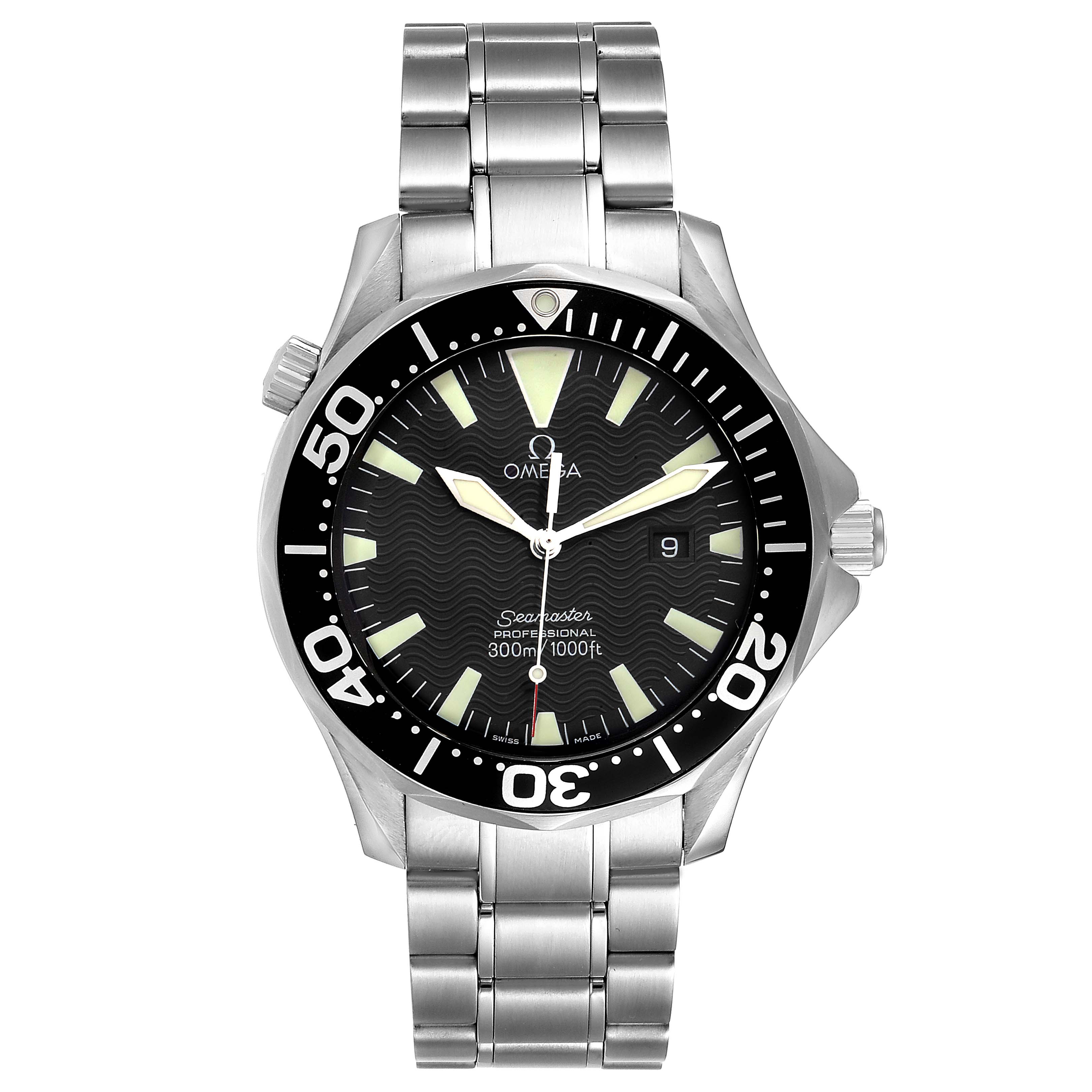 The image shows a front view of the Omega Seamaster 2264.50.00 Men's Stainless Steel Black Dial 2264.50.00 Men's Stainless Steel Black Dial watch, displaying the dial, bezel, and stainless steel bracelet.