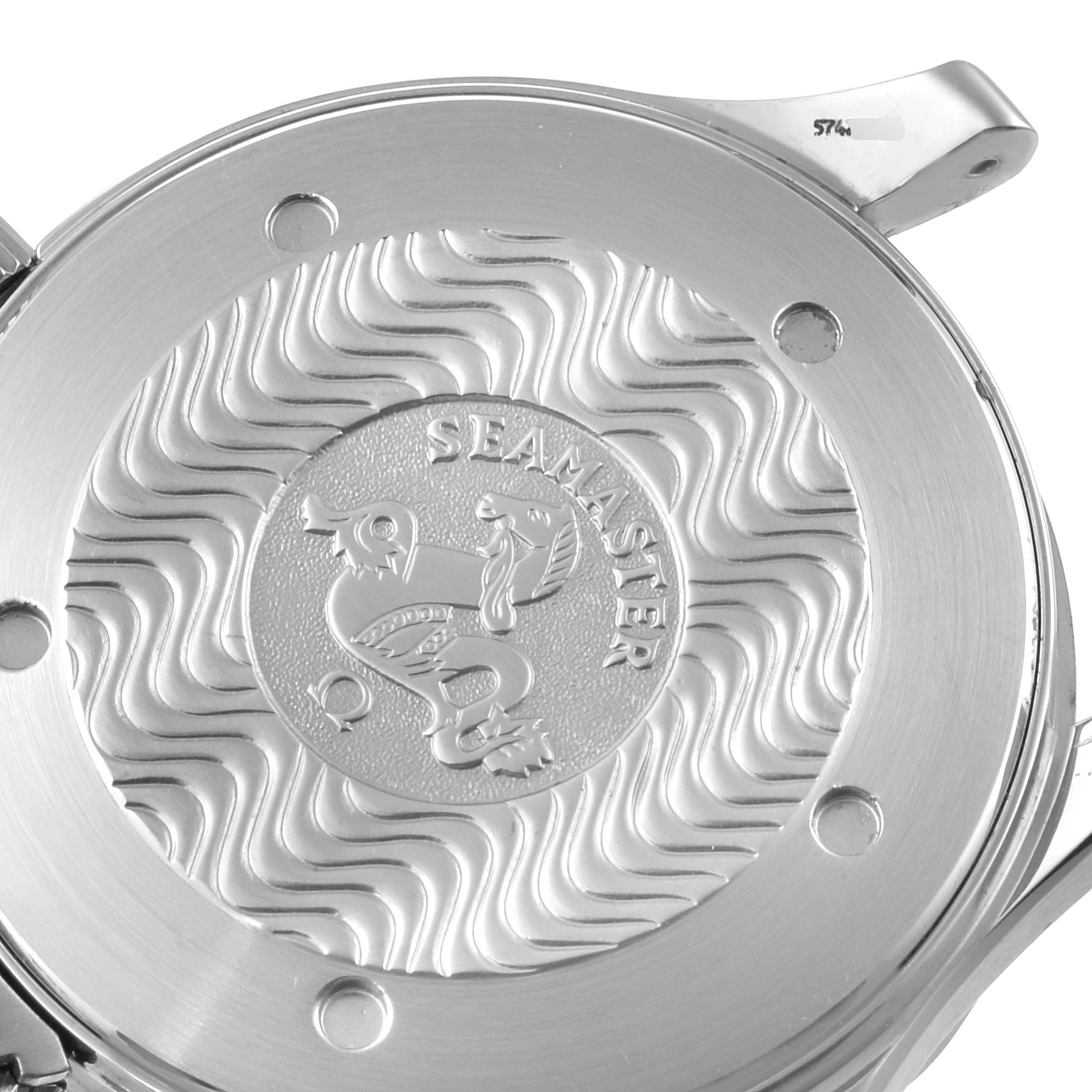 This image shows the case back of the Omega Seamaster 2264.50.00 Men's Stainless Steel Black Dial 2264.50.00 Men's Stainless Steel Black Dial watch, featuring the signature wave pattern and engraved logo.