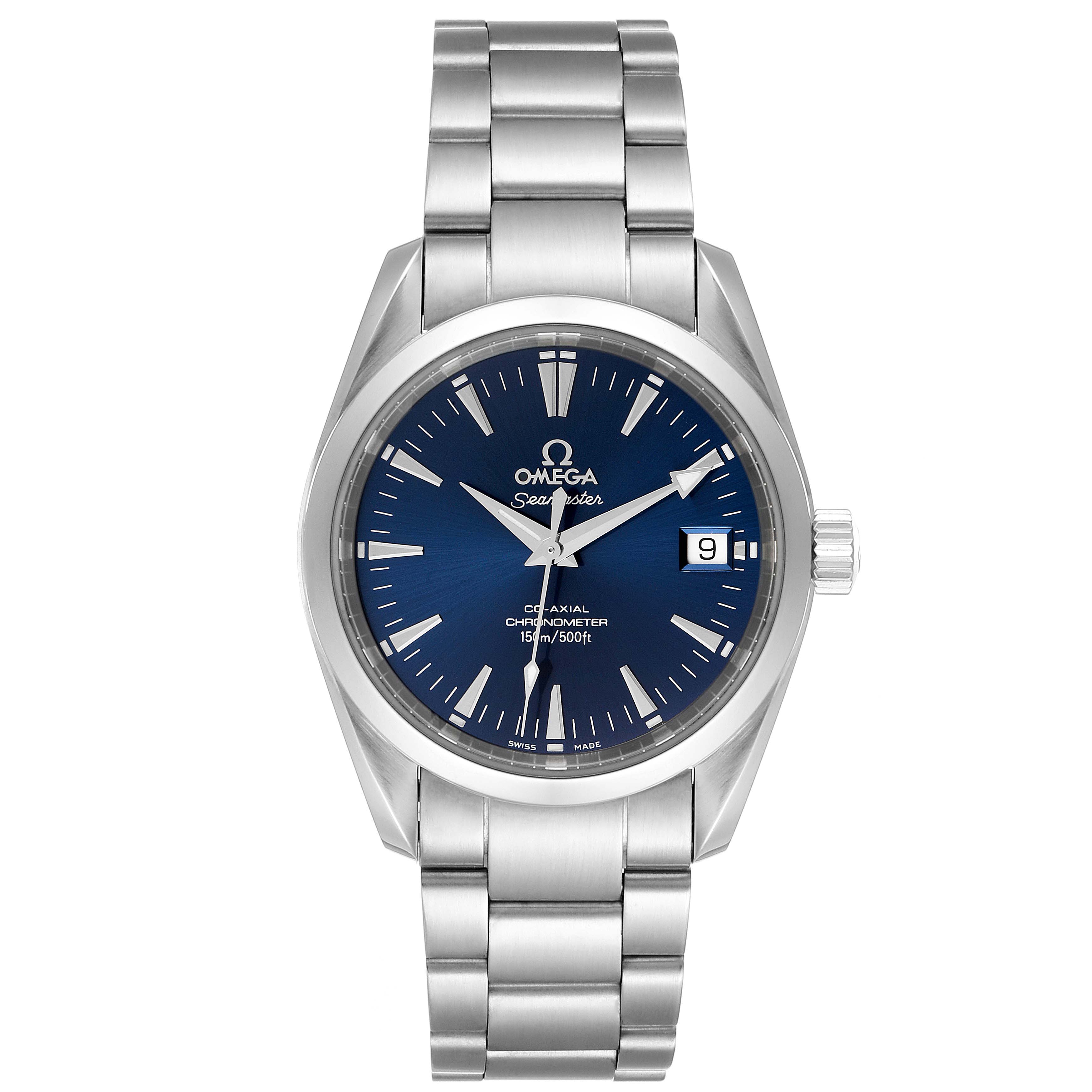 The image shows a front view of an Omega Aqua Terra 2504.80.00 Men
s Stainless Steel Blue Dial 2504.80.00 Men
s Stainless Steel Blue Dial watch featuring a blue dial and stainless steel bracelet.