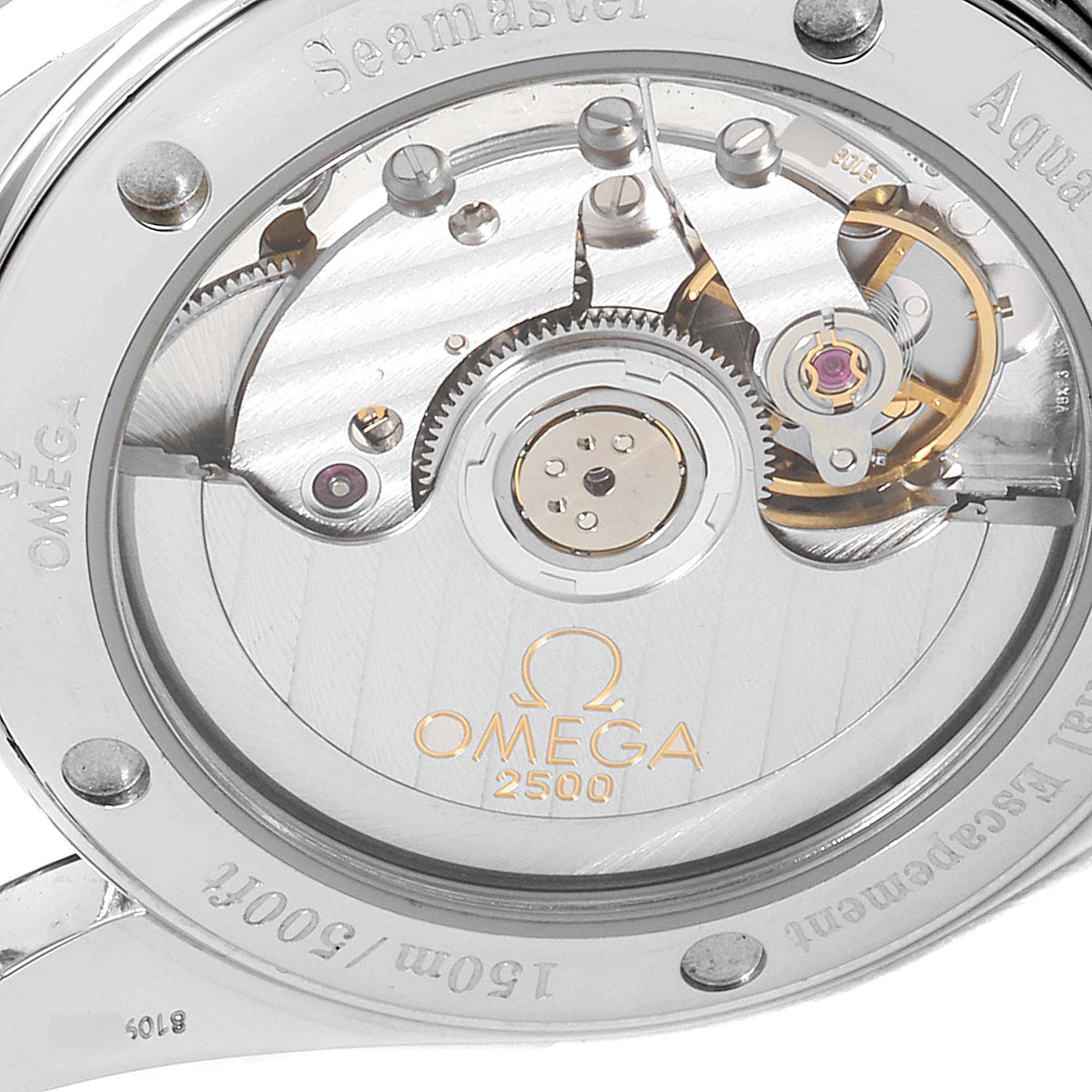 This image shows the back view of the Omega Aqua Terra 2504.80.00 Men
s Stainless Steel Blue Dial 2504.80.00 Men
s Stainless Steel Blue Dial Seamaster watch, focusing on the movement and internal mechanism.