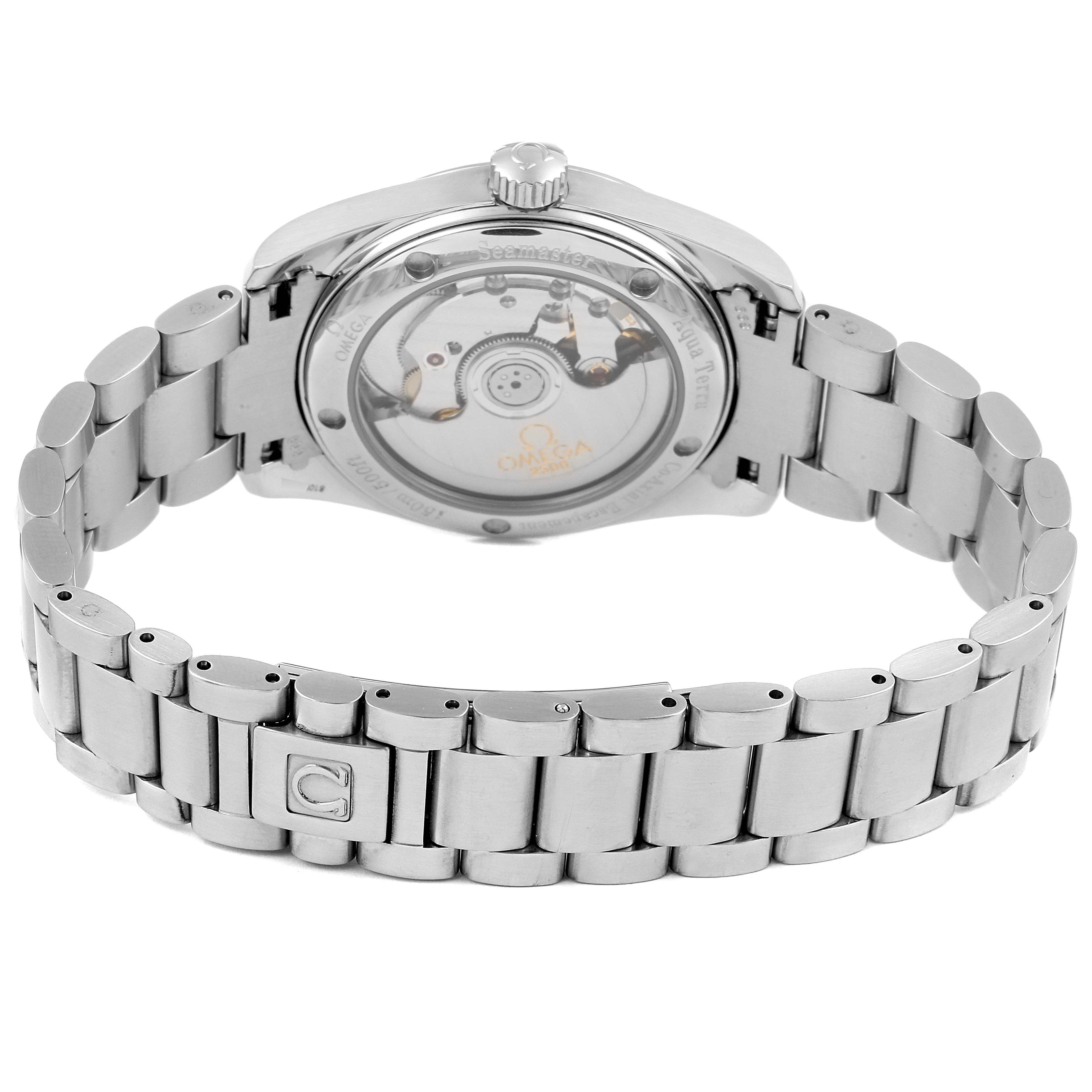 The image shows the back view of the Omega Aqua Terra 2504.80.00 Men
s Stainless Steel Blue Dial 2504.80.00 Men
s Stainless Steel Blue Dial watch, highlighting its stainless steel bracelet and transparent case back.