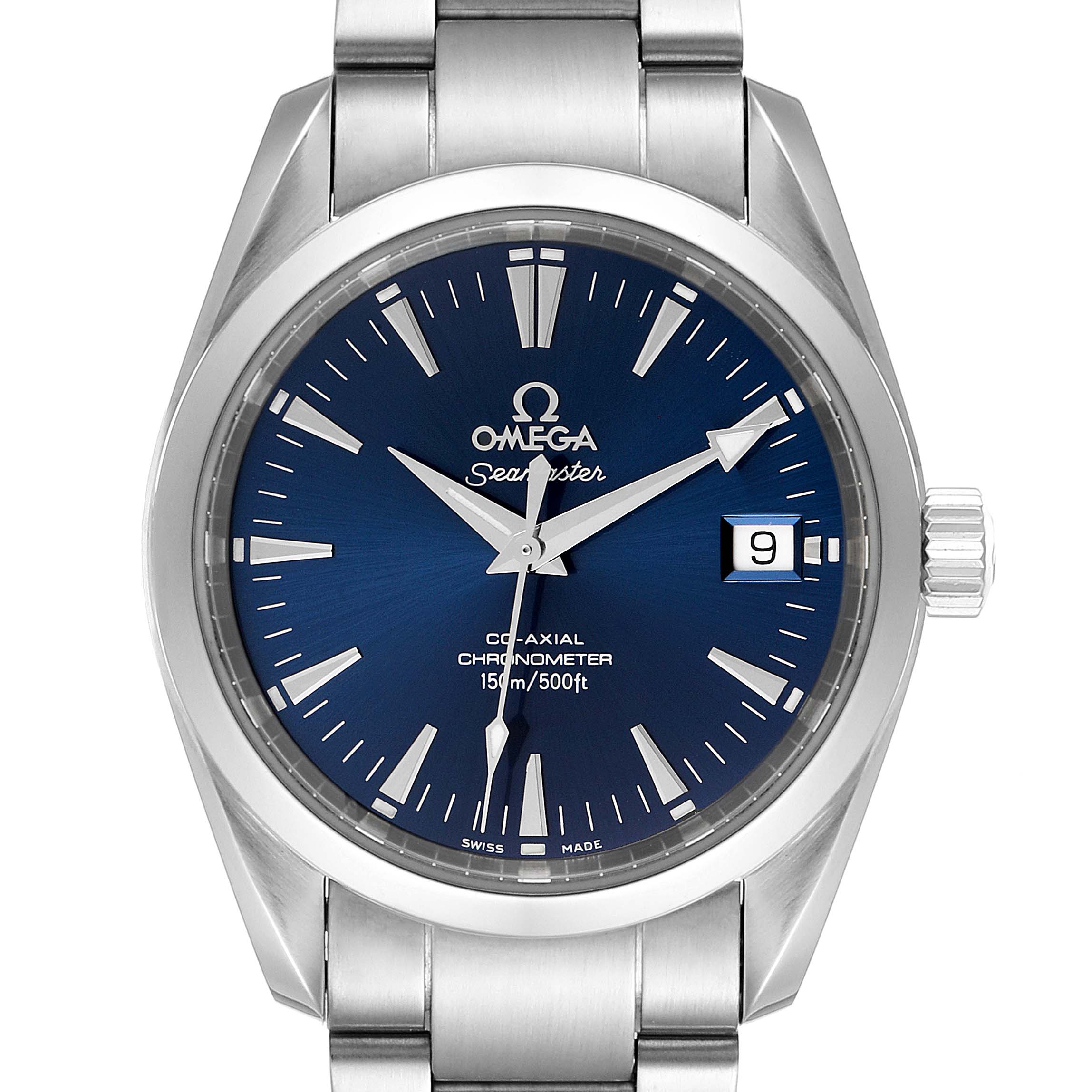 The Omega Aqua Terra 2504.80.00 Men
s Stainless Steel Blue Dial 2504.80.00 Men
s Stainless Steel Blue Dial watch is shown from a front angle, displaying its blue dial, hour markers, hands, date window, and stainless steel bracelet.