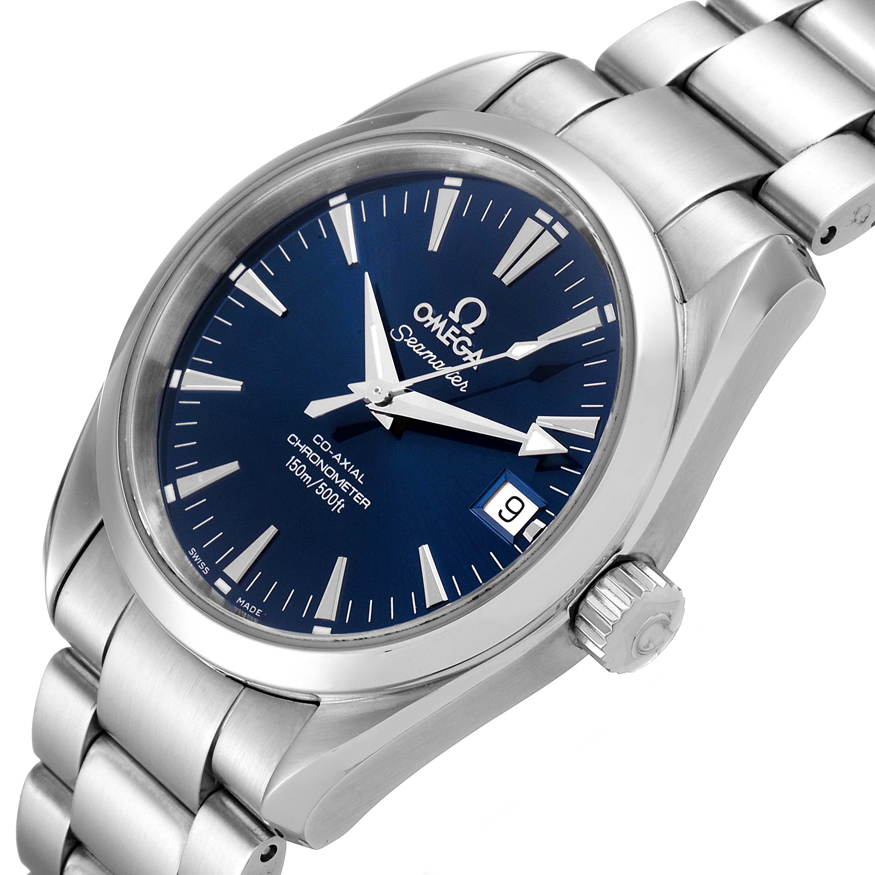 This image shows the Omega Aqua Terra 2504.80.00 Men
s Stainless Steel Blue Dial 2504.80.00 Men
s Stainless Steel Blue Dial watch at an angled view, highlighting its bracelet, crown, and blue dial.