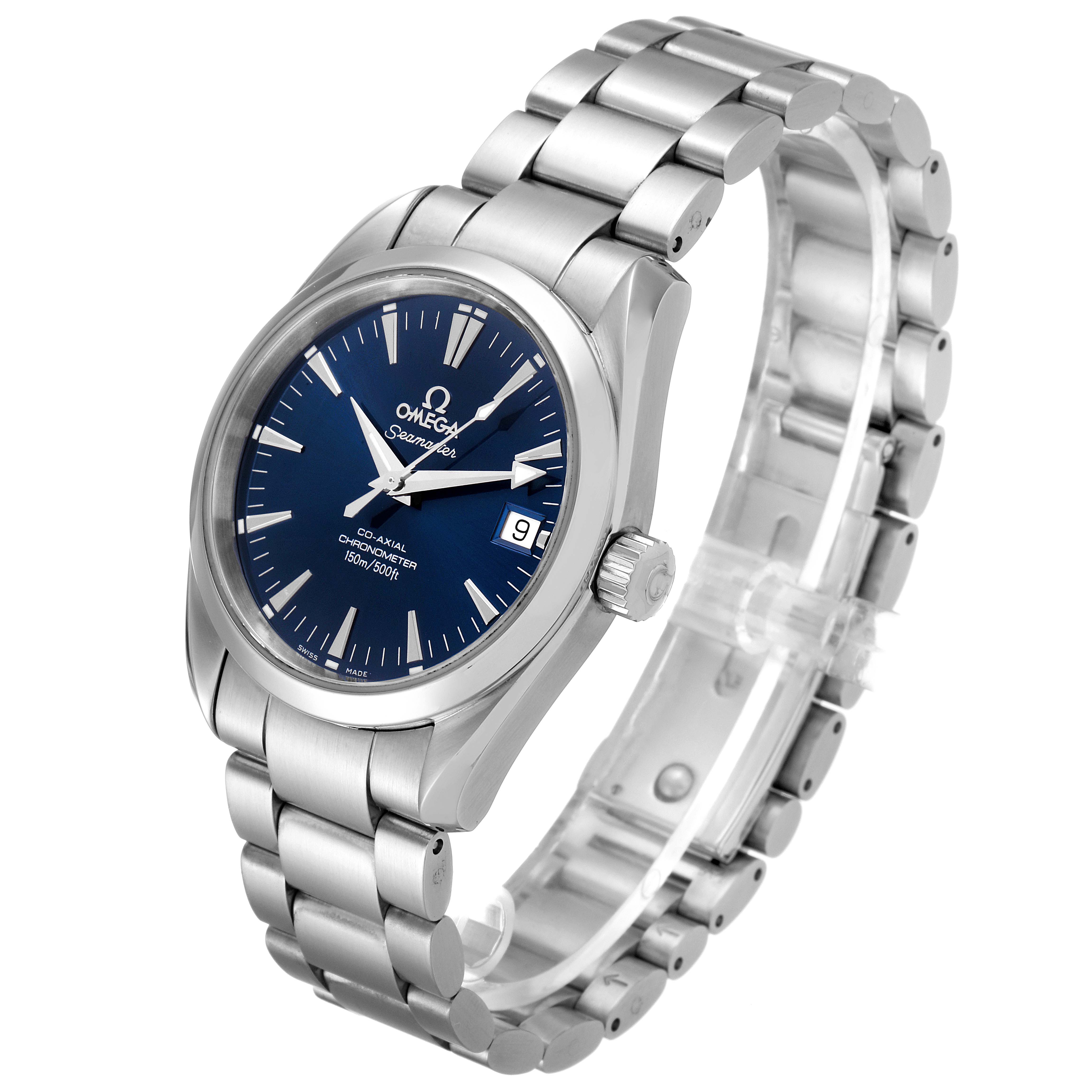 The image shows an Omega Aqua Terra 2504.80.00 Men
s Stainless Steel Blue Dial 2504.80.00 Men
s Stainless Steel Blue Dial watch at an angled side view, highlighting its blue dial, metal bracelet, and date window.