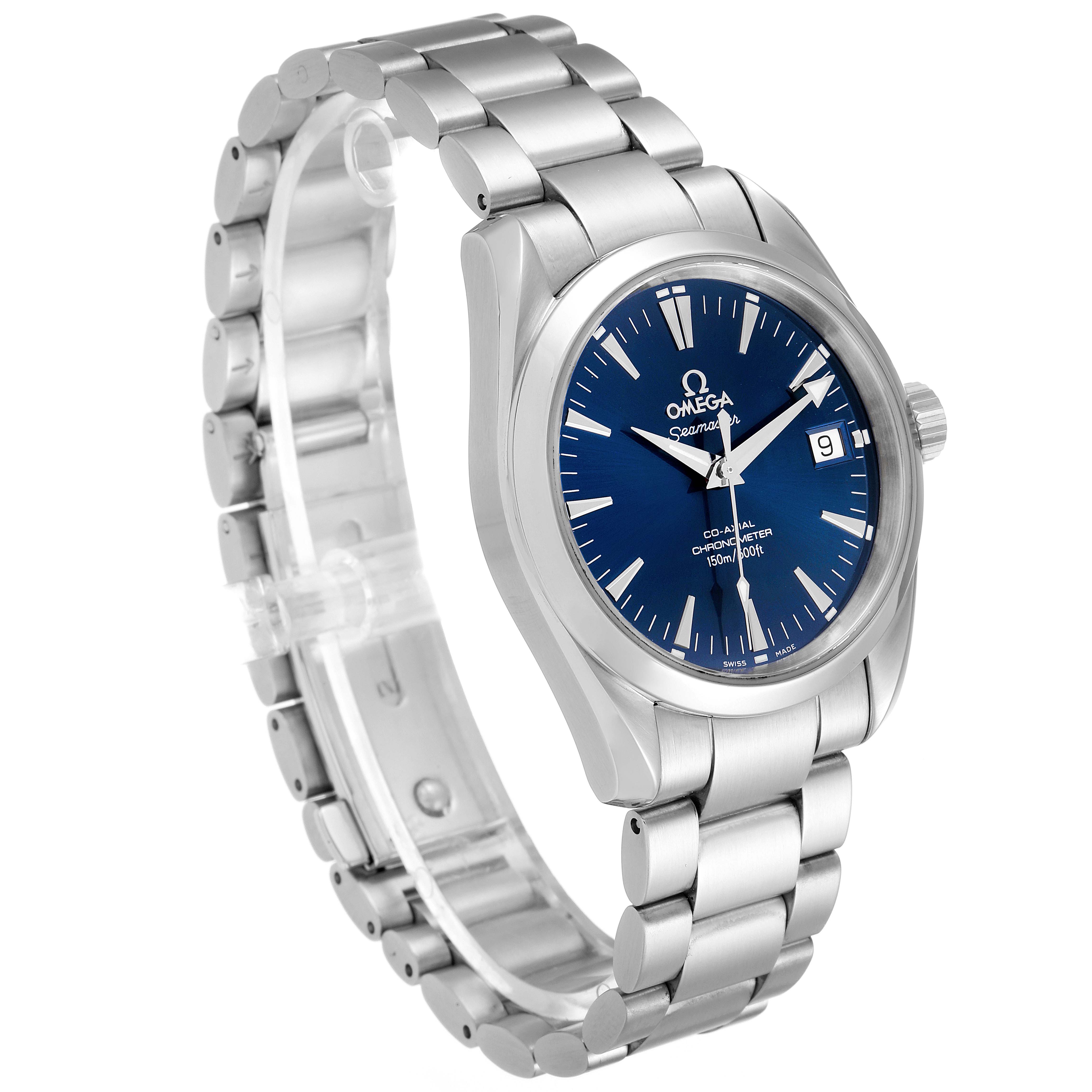 The Omega Aqua Terra 2504.80.00 Men
s Stainless Steel Blue Dial 2504.80.00 Men
s Stainless Steel Blue Dial watch is shown at an angled view, displaying the face, bracelet, and crown.