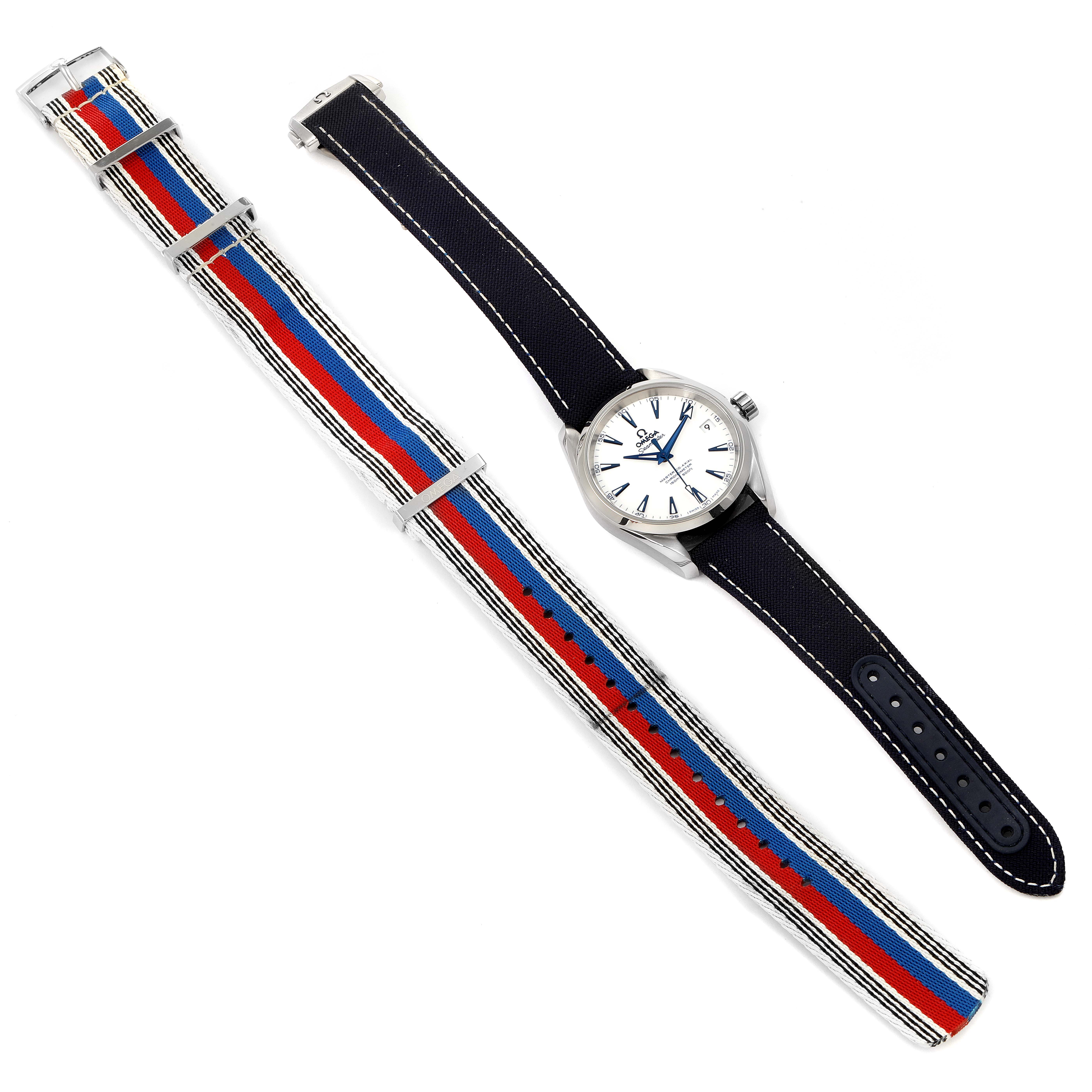 The image shows an Omega Aqua Terra 231.92.39.21.04.001  Men's Titanium White Dial 231.92.39.21.04.001  Men's Titanium White Dial watch with a white dial, black strap, and a striped, multicolored NATO strap alongside it.