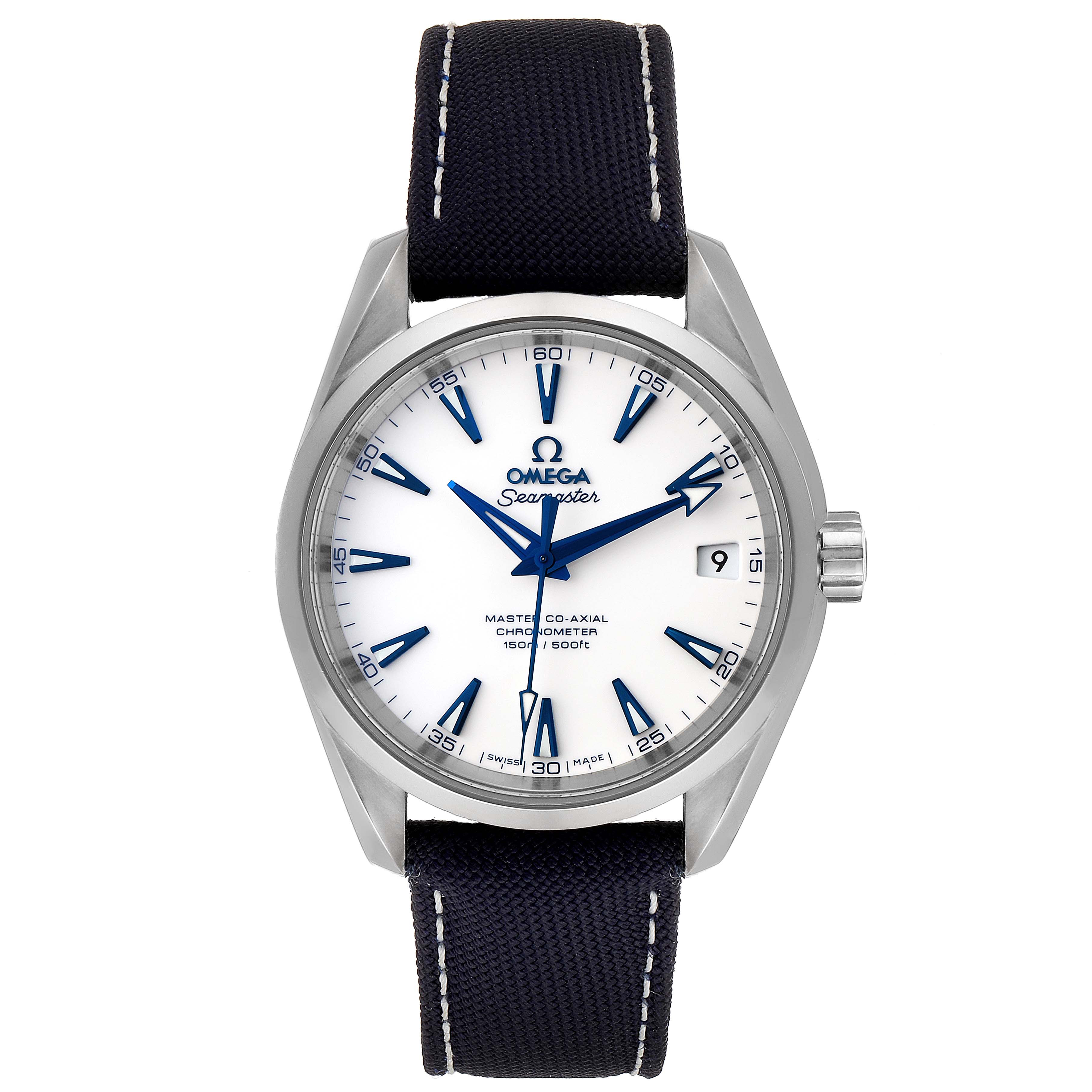 This image shows a front view of the Omega Seamaster Aqua Terra watch's face, including the dial, hour markers, and strap.