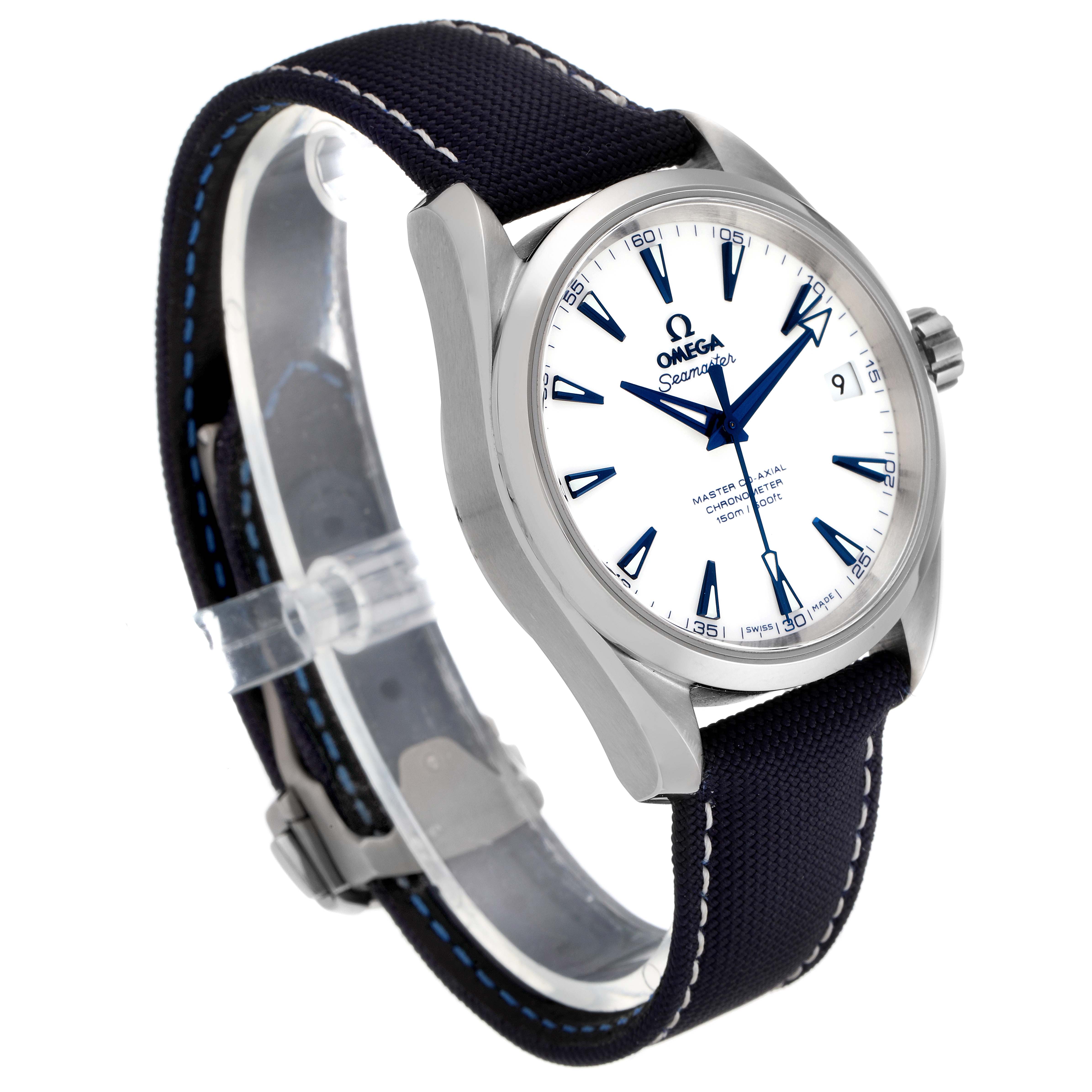 This Omega Aqua Terra 231.92.39.21.04.001  Men's Titanium White Dial 231.92.39.21.04.001  Men's Titanium White Dial watch is shown at an angle highlighting the face, bezel, crown, and part of the strap.