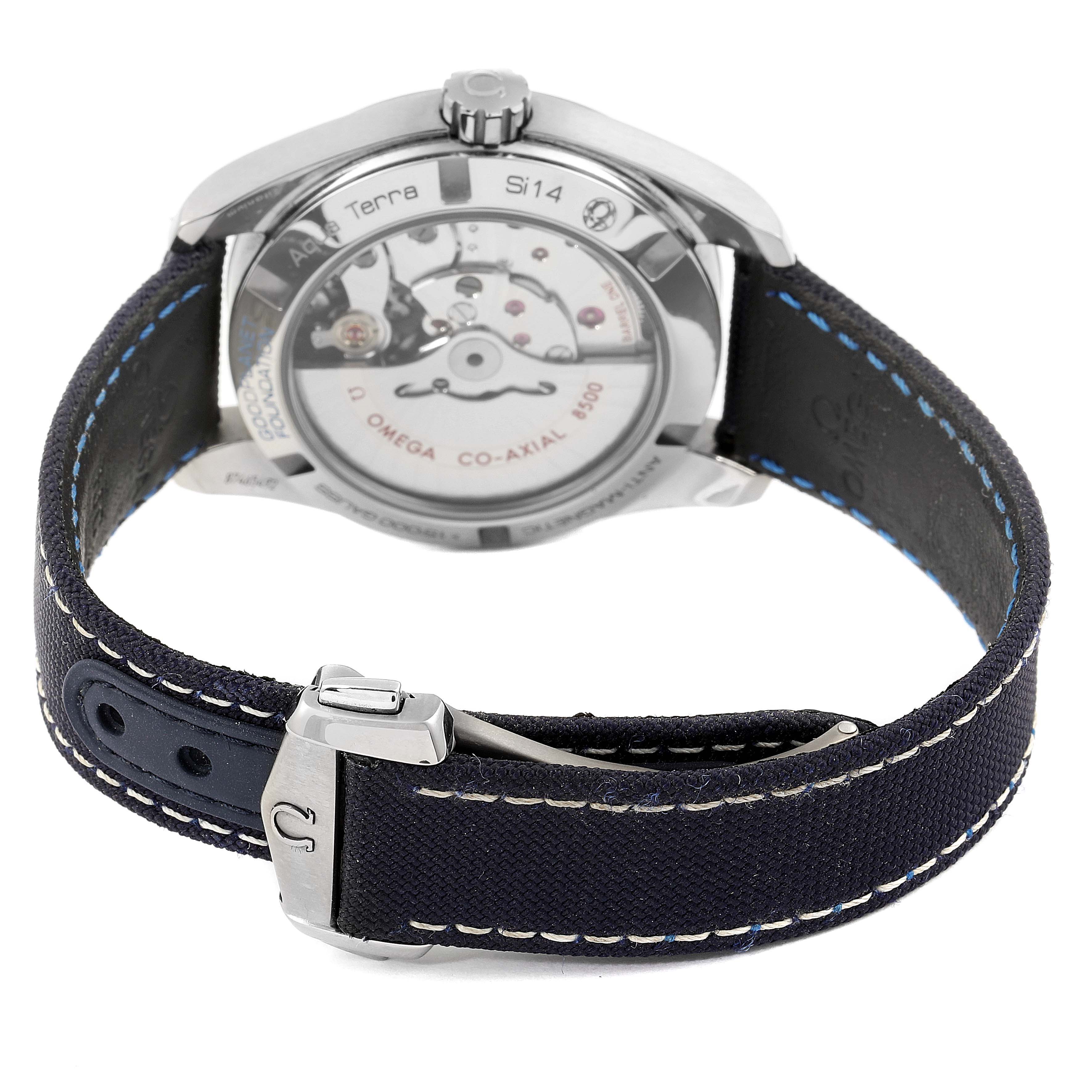 The image shows the back of the Omega Aqua Terra 231.92.39.21.04.001  Men's Titanium White Dial 231.92.39.21.04.001  Men's Titanium White Dial watch, highlighting the movement and leather strap with a metal clasp.