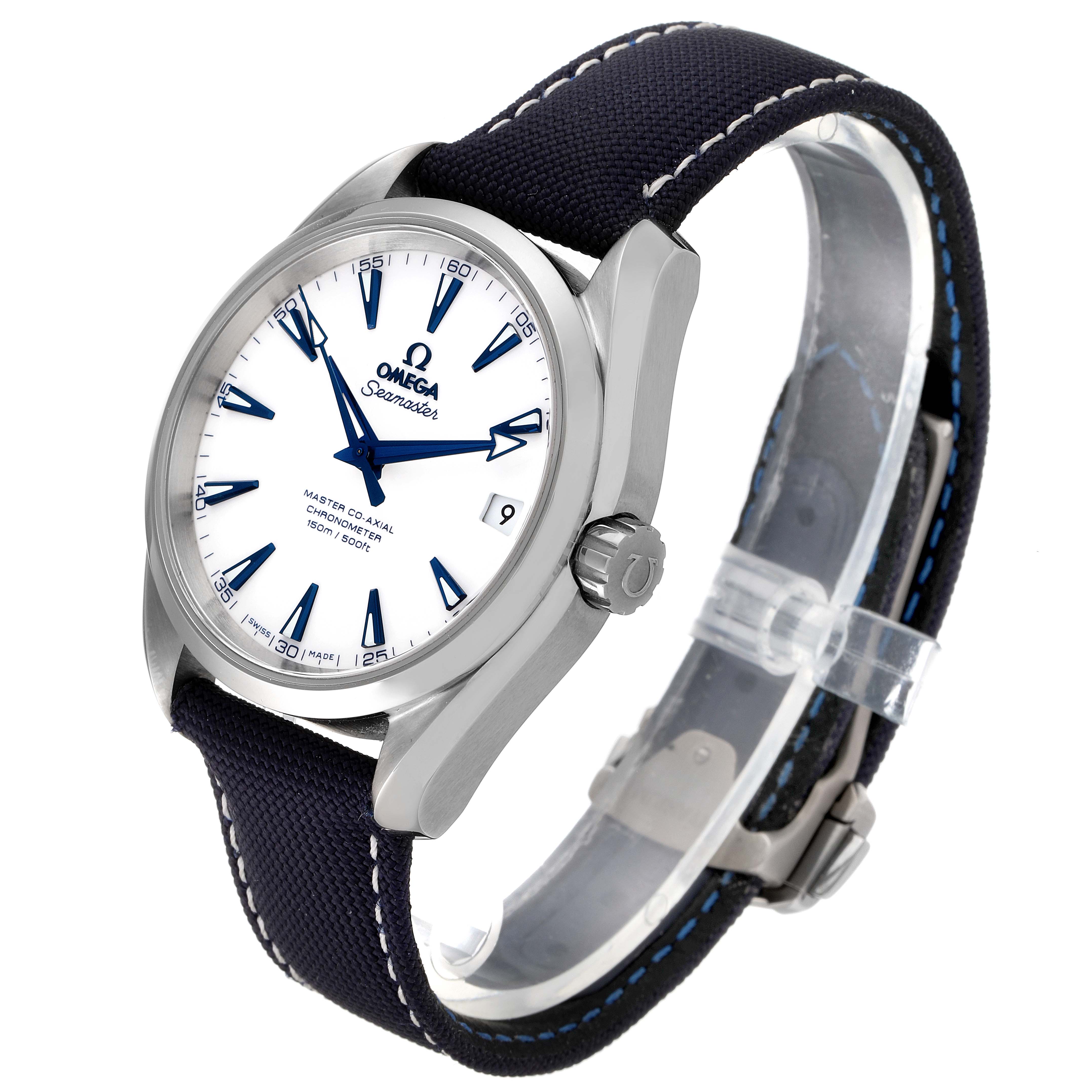 This image shows an Omega Aqua Terra 231.92.39.21.04.001  Men's Titanium White Dial 231.92.39.21.04.001  Men's Titanium White Dial watch at a slight angle, highlighting the dial, case, crown, and strap.