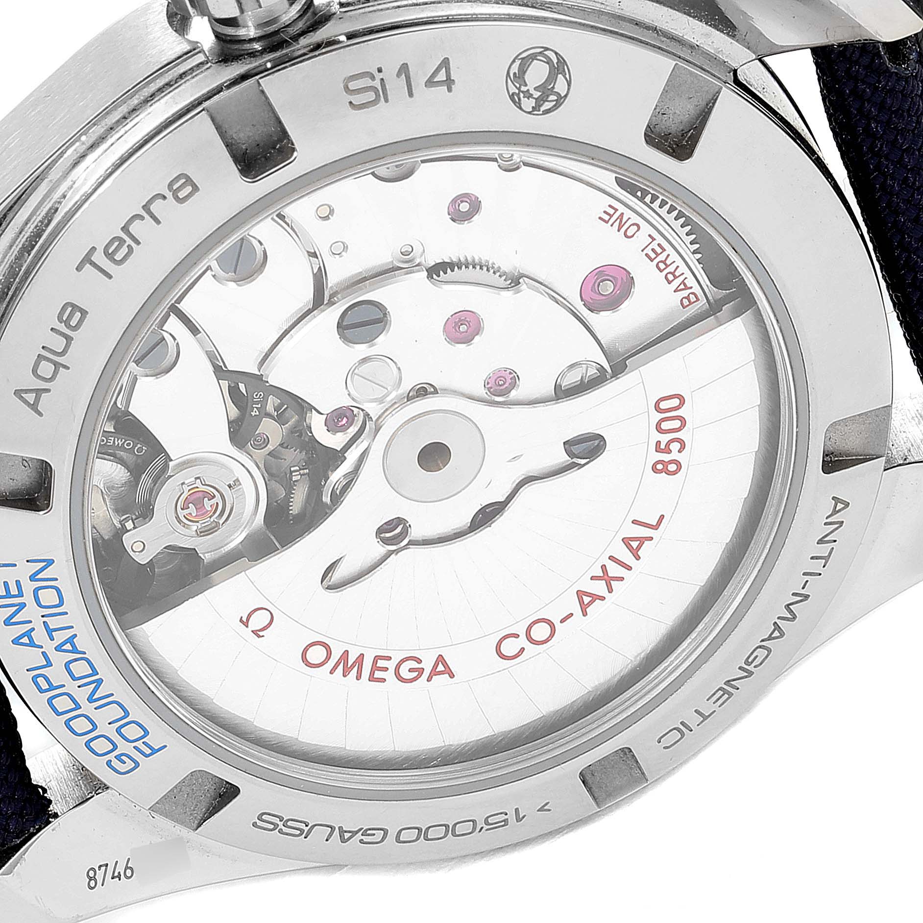 The image shows the case back of the Omega Aqua Terra 231.92.39.21.04.001  Men's Titanium White Dial 231.92.39.21.04.001  Men's Titanium White Dial watch, revealing its inner mechanical components.