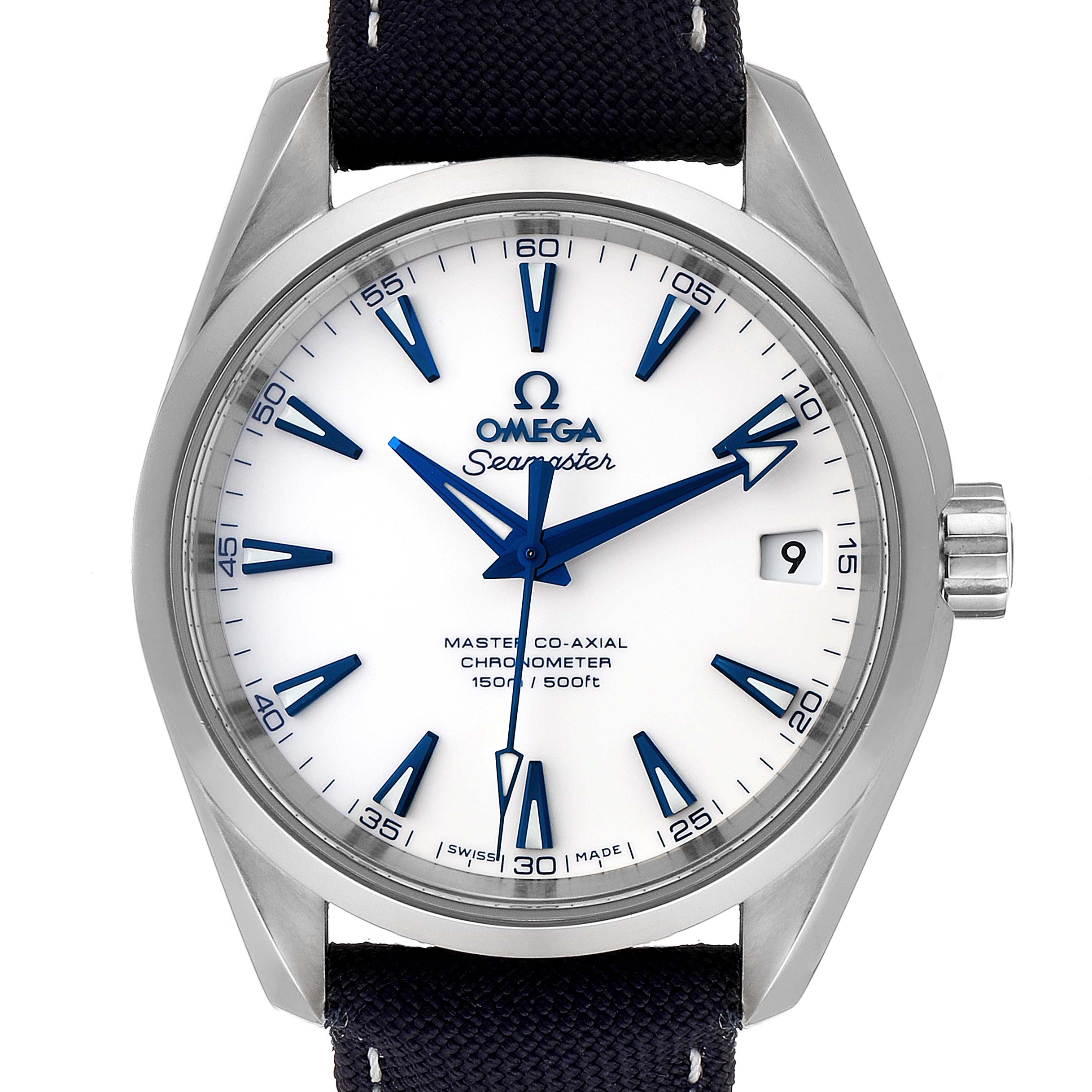 The image shows a front view of the Omega Aqua Terra 231.92.39.21.04.001  Men's Titanium White Dial 231.92.39.21.04.001  Men's Titanium White Dial watch, displaying the dial and case with blue indices and hands.