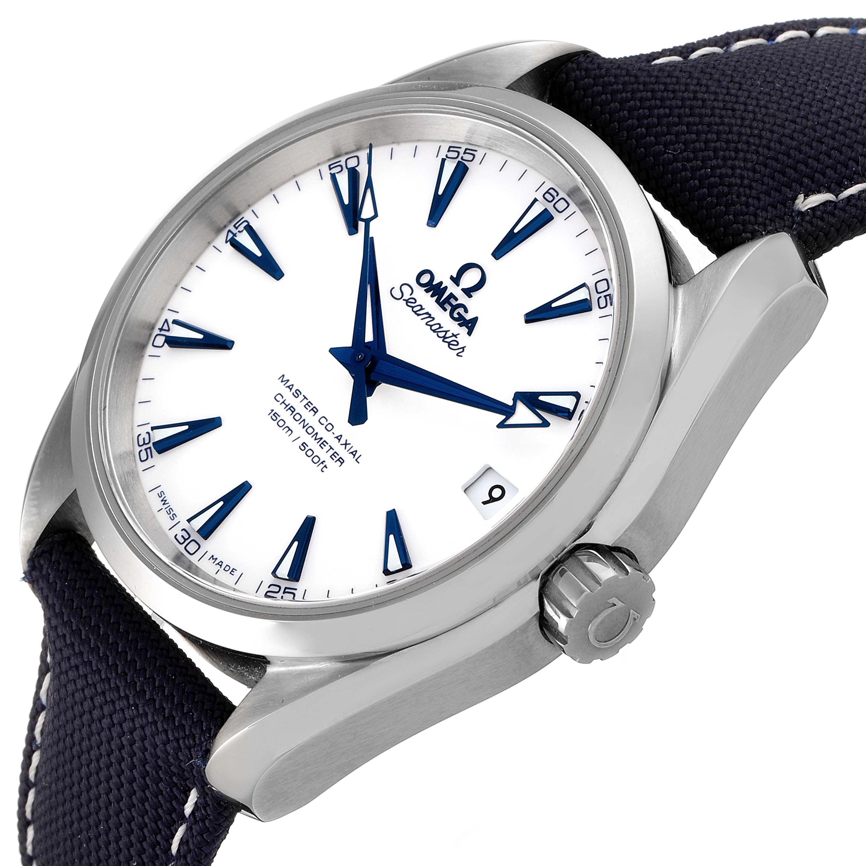 The Omega Aqua Terra 231.92.39.21.04.001  Men's Titanium White Dial 231.92.39.21.04.001  Men's Titanium White Dial watch is shown at a tilted angle, featuring its face, crown, and part of the strap.