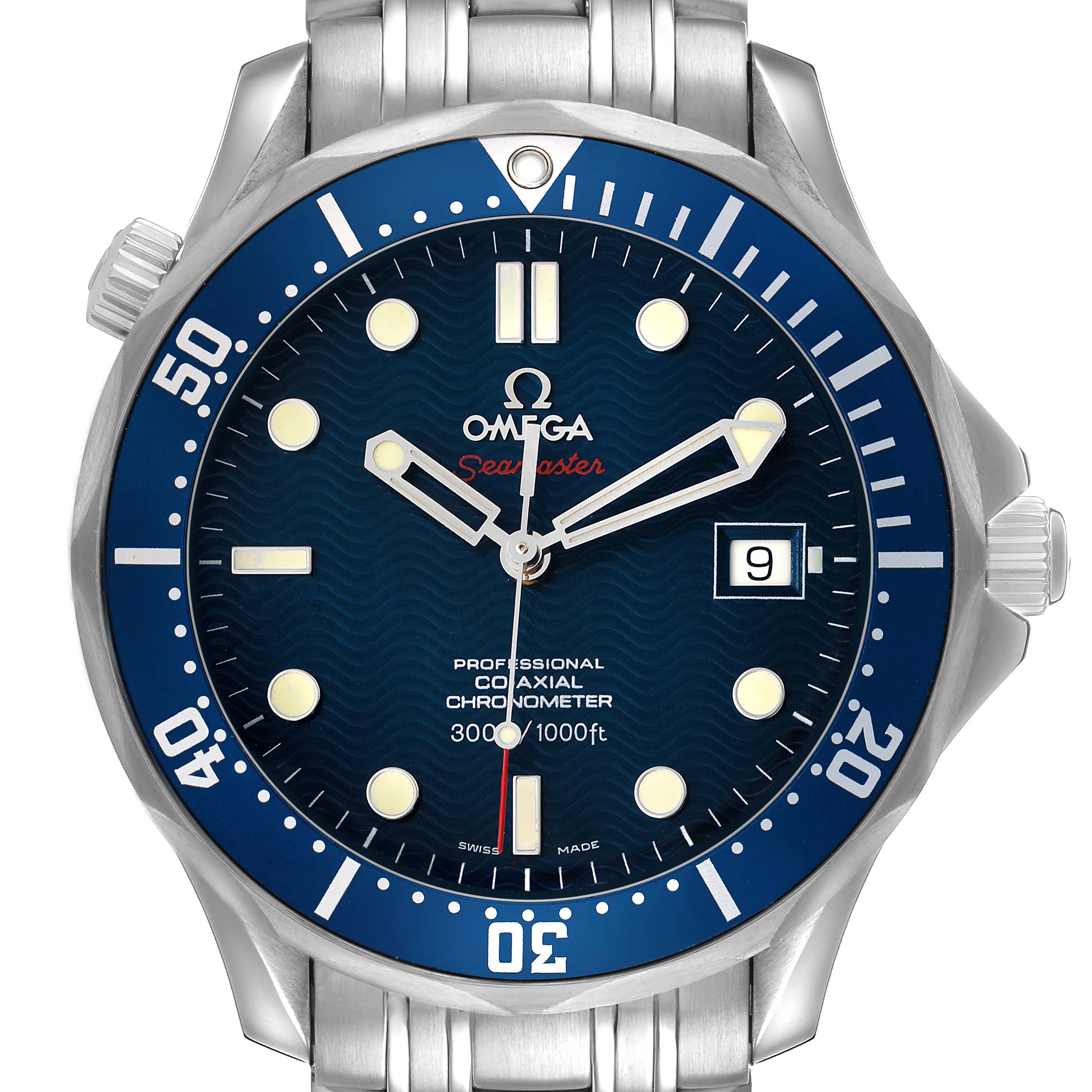 The Omega Seamaster 2220.80.00 Men's Stainless Steel Blue Dial watch is shown from a front view, highlighting the dial, bezel, and date function.