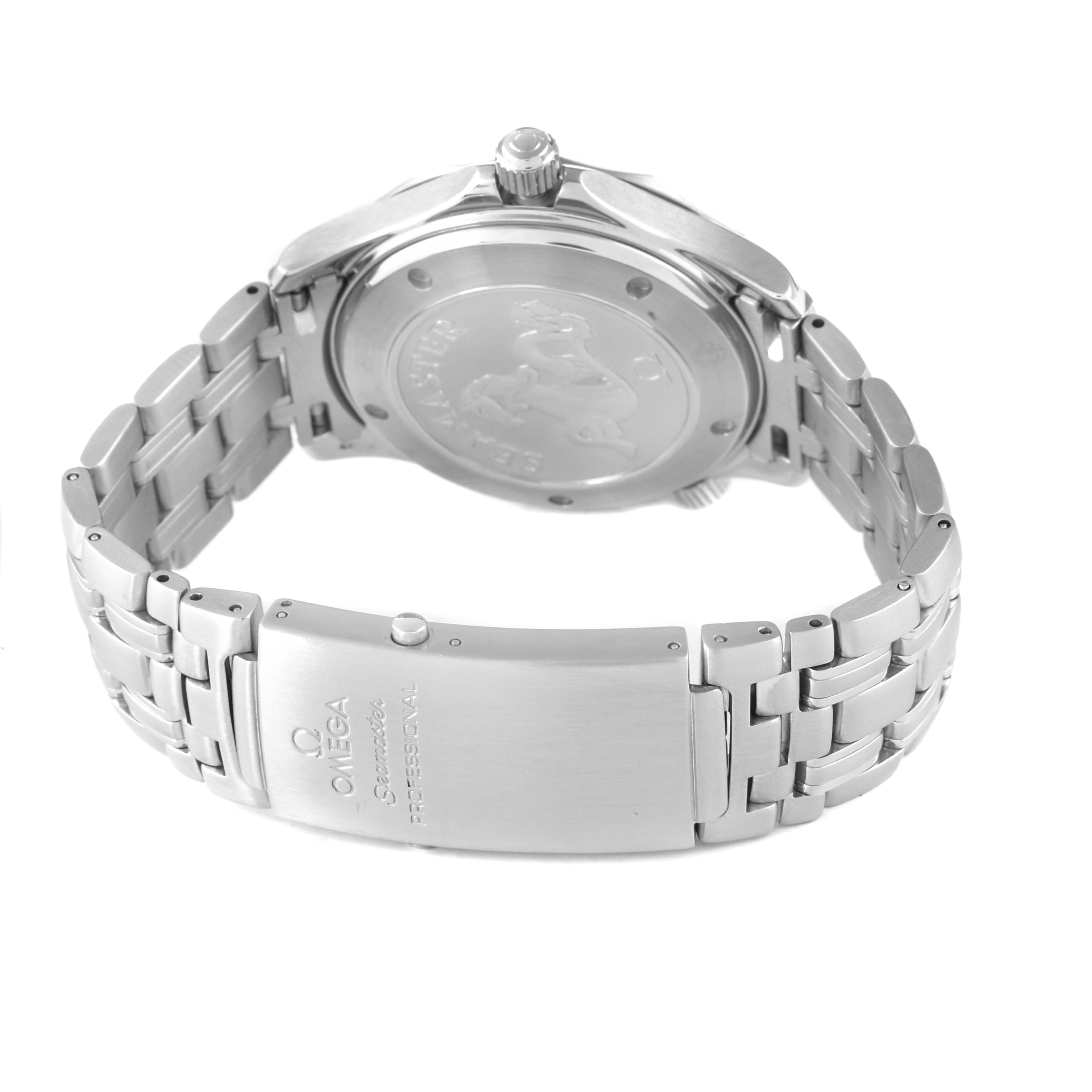 The image shows the Omega Seamaster 2220.80.00 Men's Stainless Steel Blue Dial watch from the rear, highlighting the case back, bracelet, and clasp with engravings.