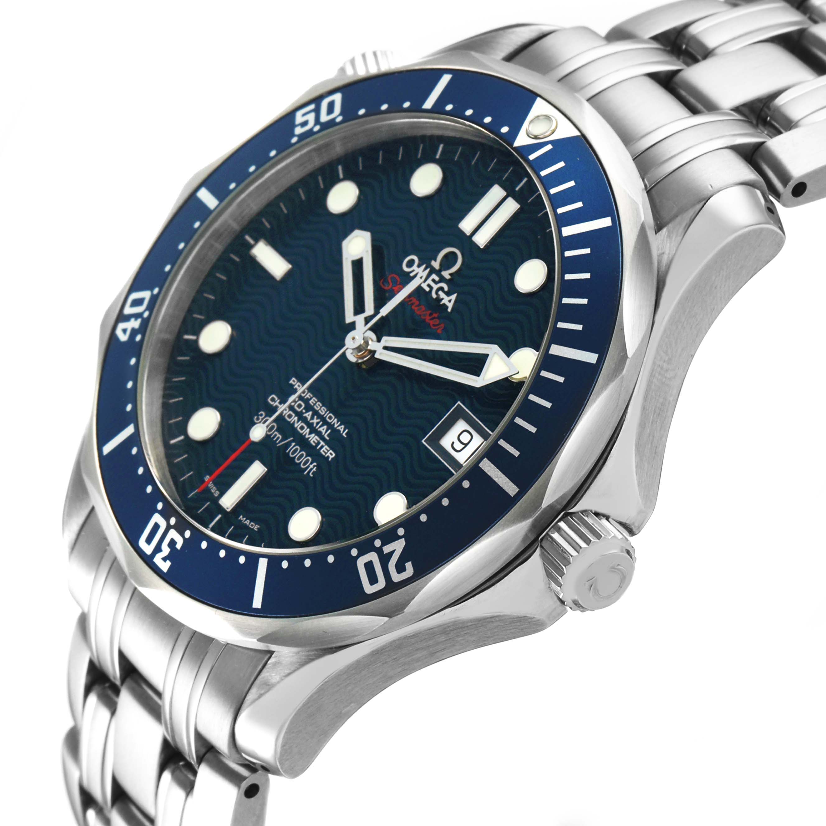 The Omega Seamaster 2220.80.00 Men's Stainless Steel Blue Dial watch is shown at an angle highlighting the bezel, dial, bracelet, and crown.