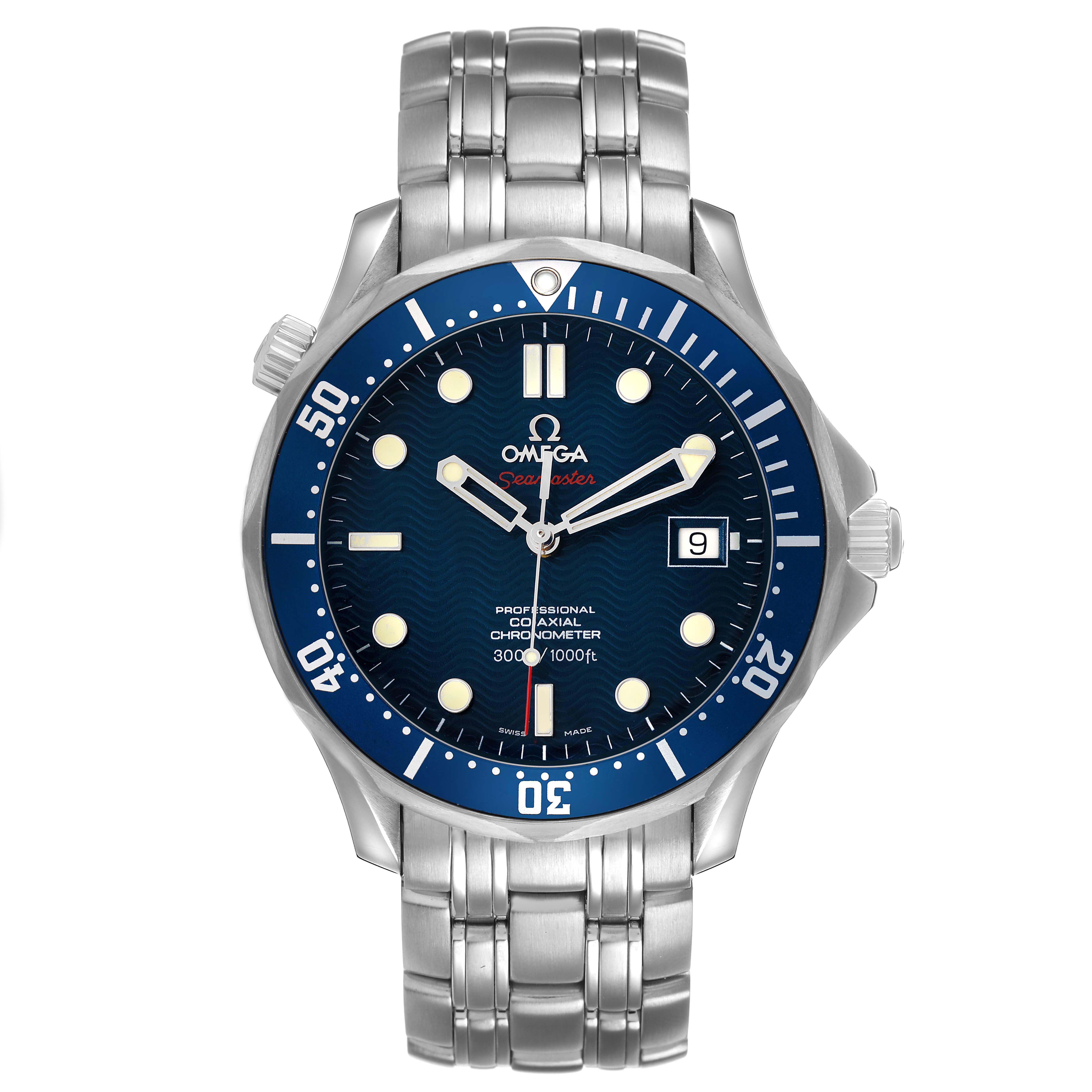 The Omega Seamaster 2220.80.00 Men's Stainless Steel Blue Dial watch is shown from the front, featuring the dial, bezel, and stainless steel bracelet.