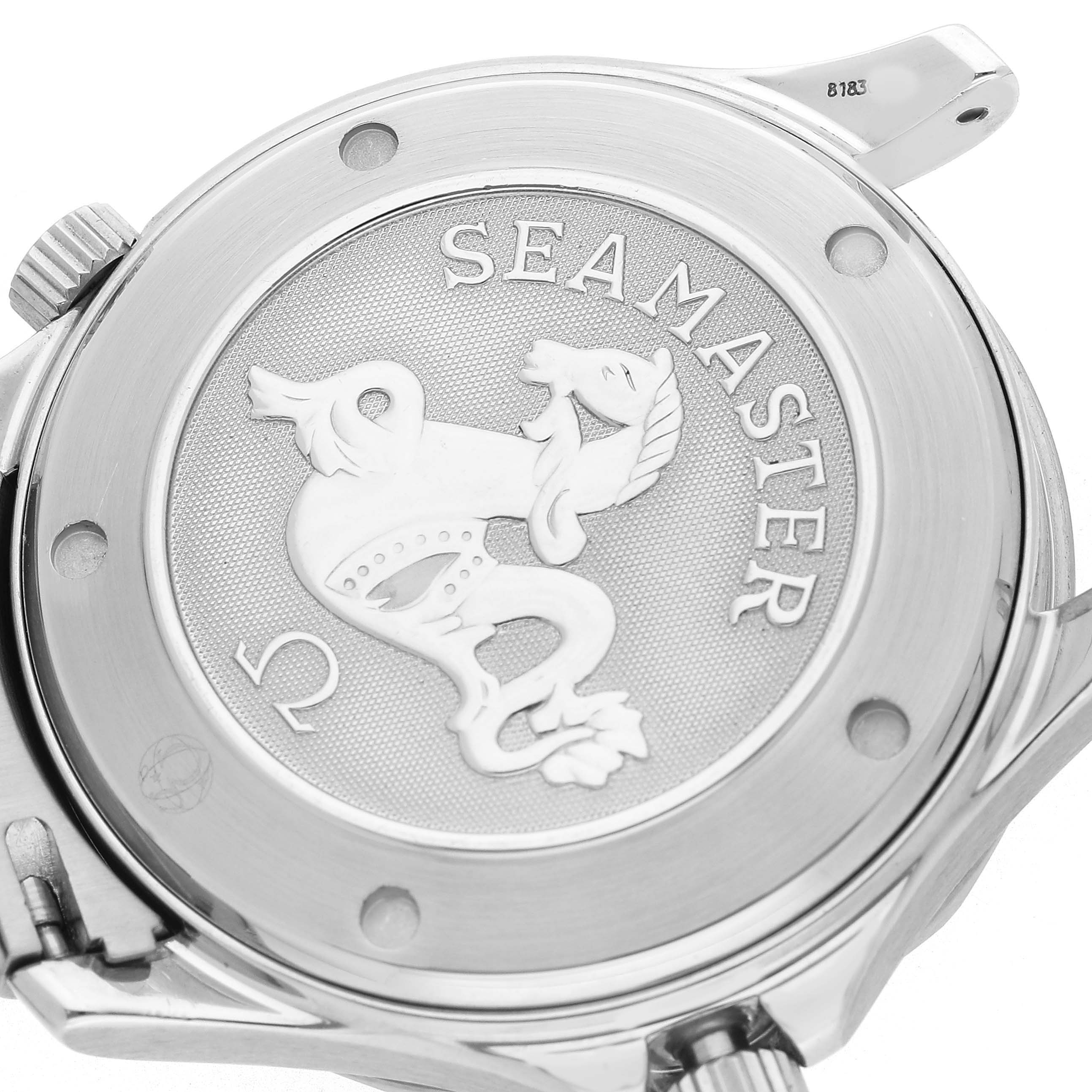 The image shows the Omega Seamaster 2220.80.00 Men's Stainless Steel Blue Dial case back featuring the engraved Seamaster logo and emblem from a rear angle.