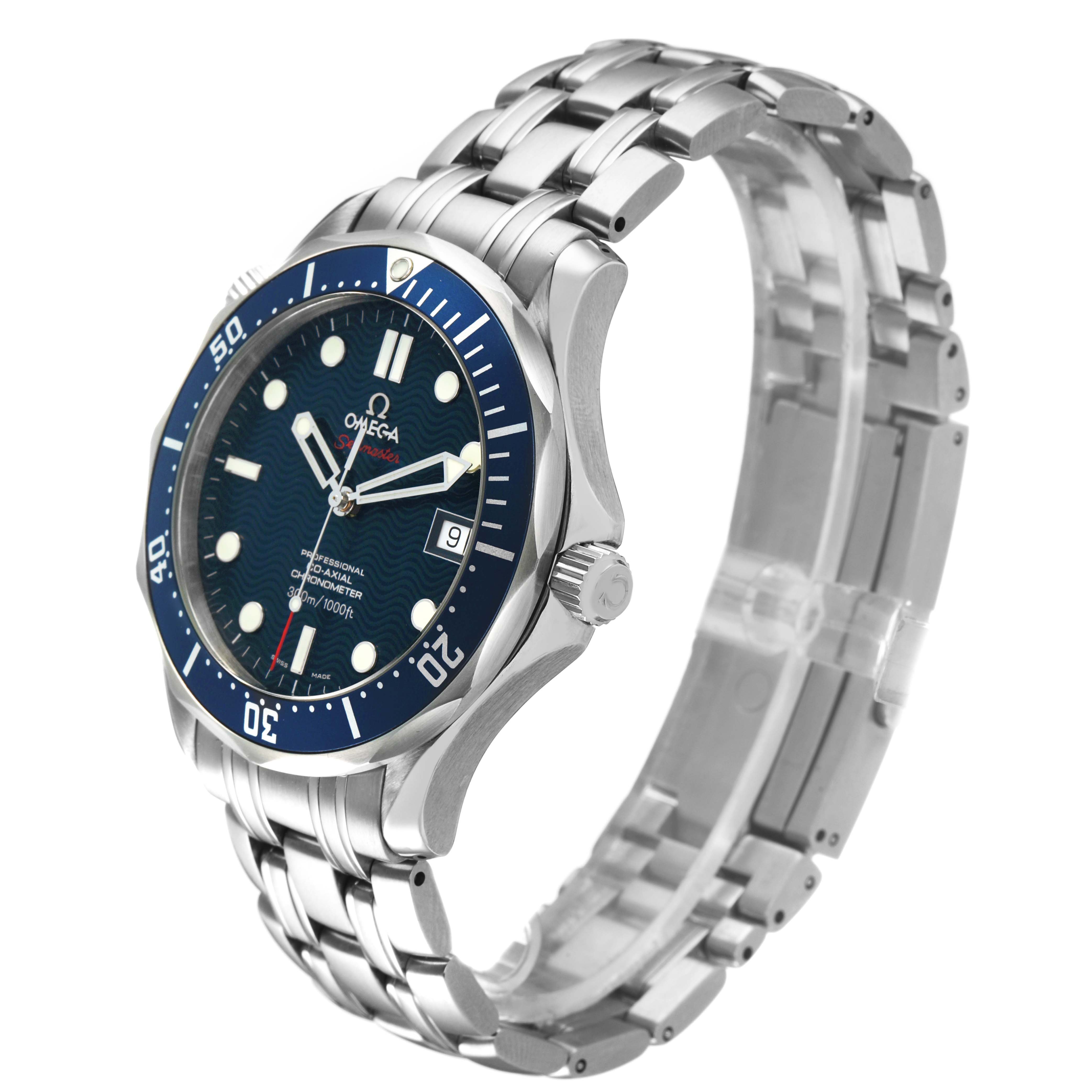 The Omega Seamaster 2220.80.00 Men's Stainless Steel Blue Dial watch is shown from a side angle, highlighting the face, bezel, crown, and metal bracelet.