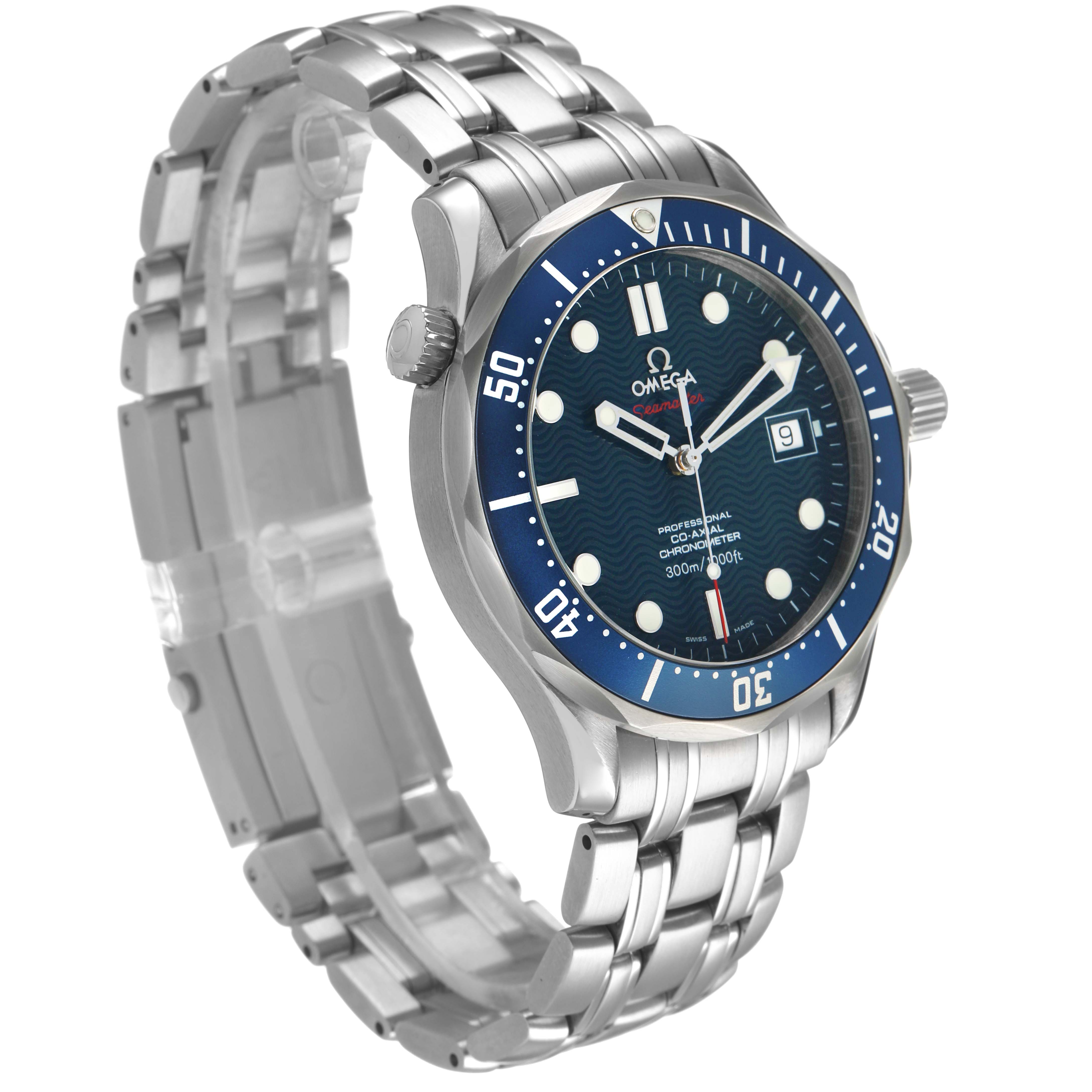 The Omega Seamaster 2220.80.00 Men's Stainless Steel Blue Dial watch is shown at a three-quarter angle, highlighting its face, bezel, bracelet, and crown.