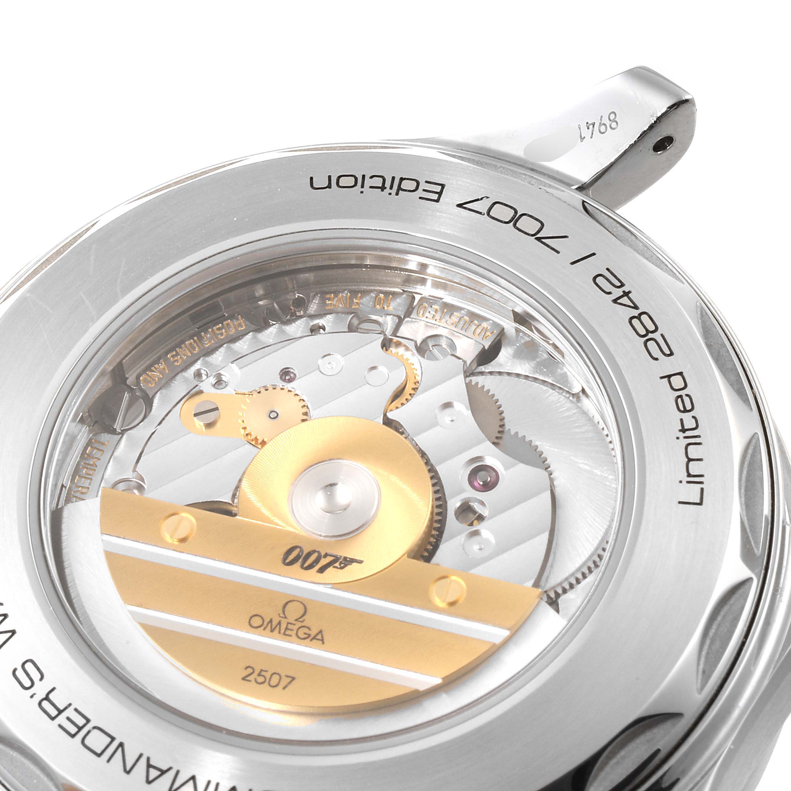 This image shows the close-up view of the Omega Seamaster 212.32.41.20.04.001 Men's Stainless Steel White Dial 212.32.41.20.04.001 Men's Stainless Steel White Dial's movement through a transparent case back.