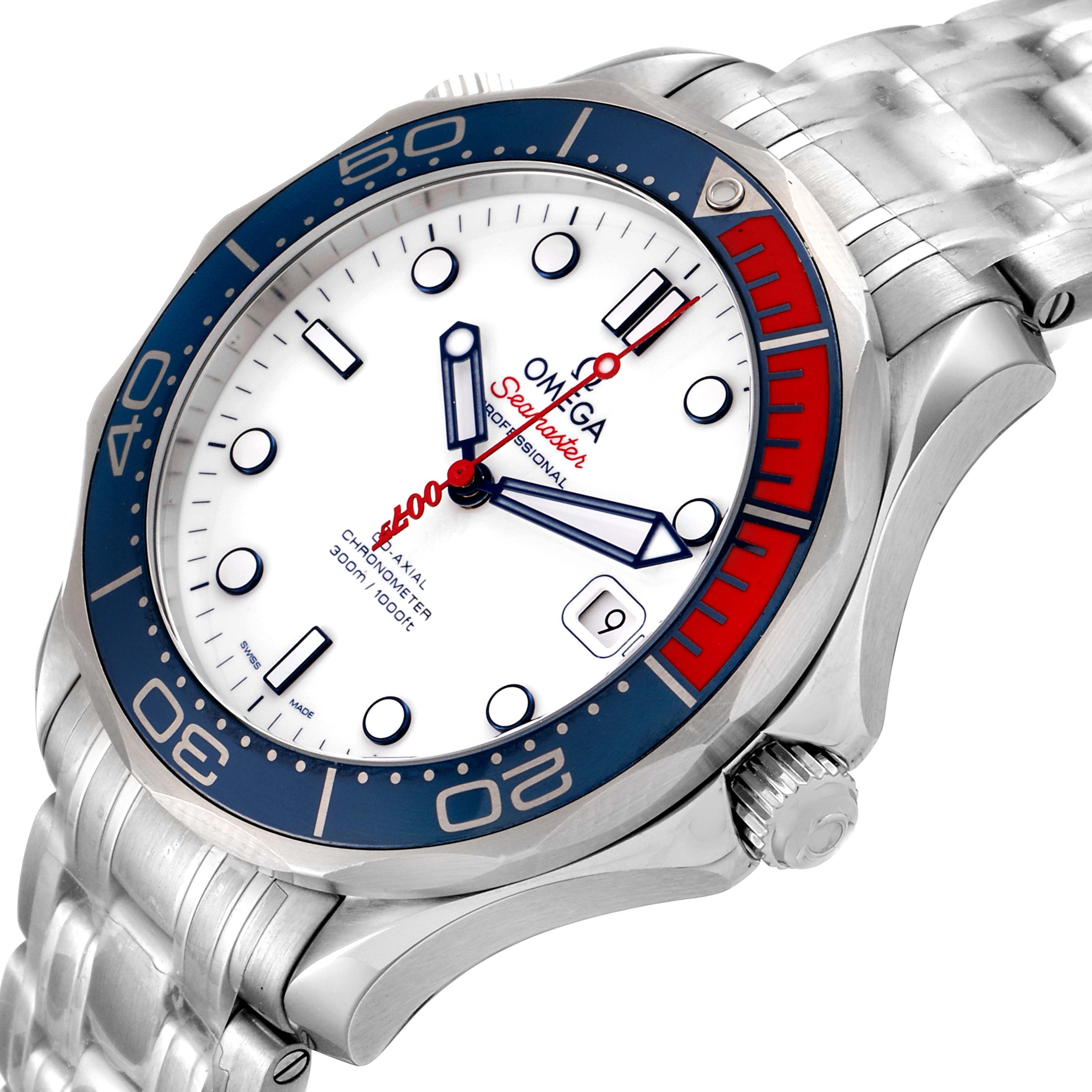 The Omega Seamaster 212.32.41.20.04.001 Men's Stainless Steel White Dial 212.32.41.20.04.001 Men's Stainless Steel White Dial watch is shown at an angle highlighting its face, bezel, crown, and part of the bracelet.