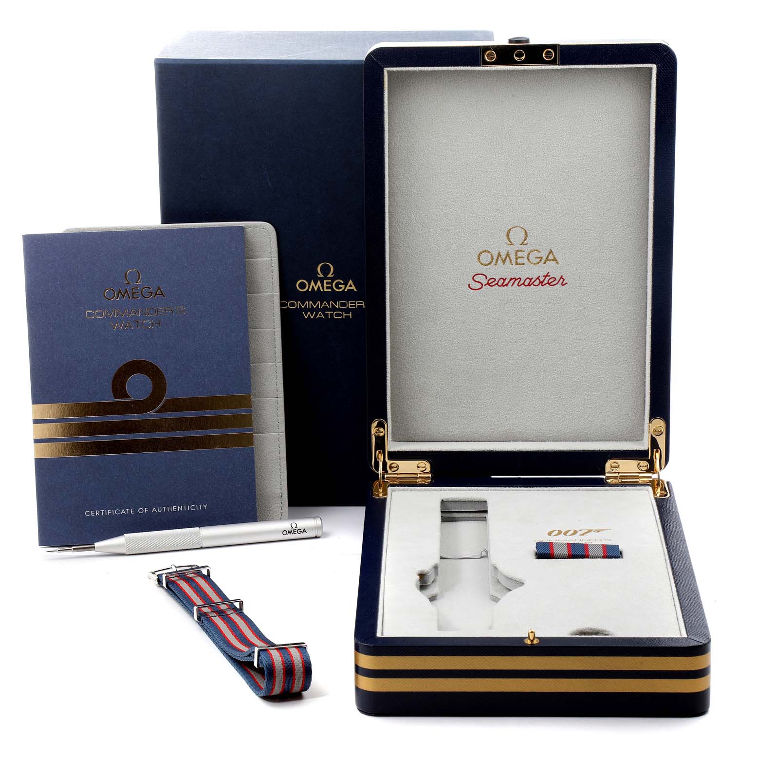 The image shows the packaging and accessories for the Omega Seamaster 212.32.41.20.04.001 Men's Stainless Steel White Dial 212.32.41.20.04.001 Men's Stainless Steel White Dial watch, including a box, strap, authenticity card, and pen.