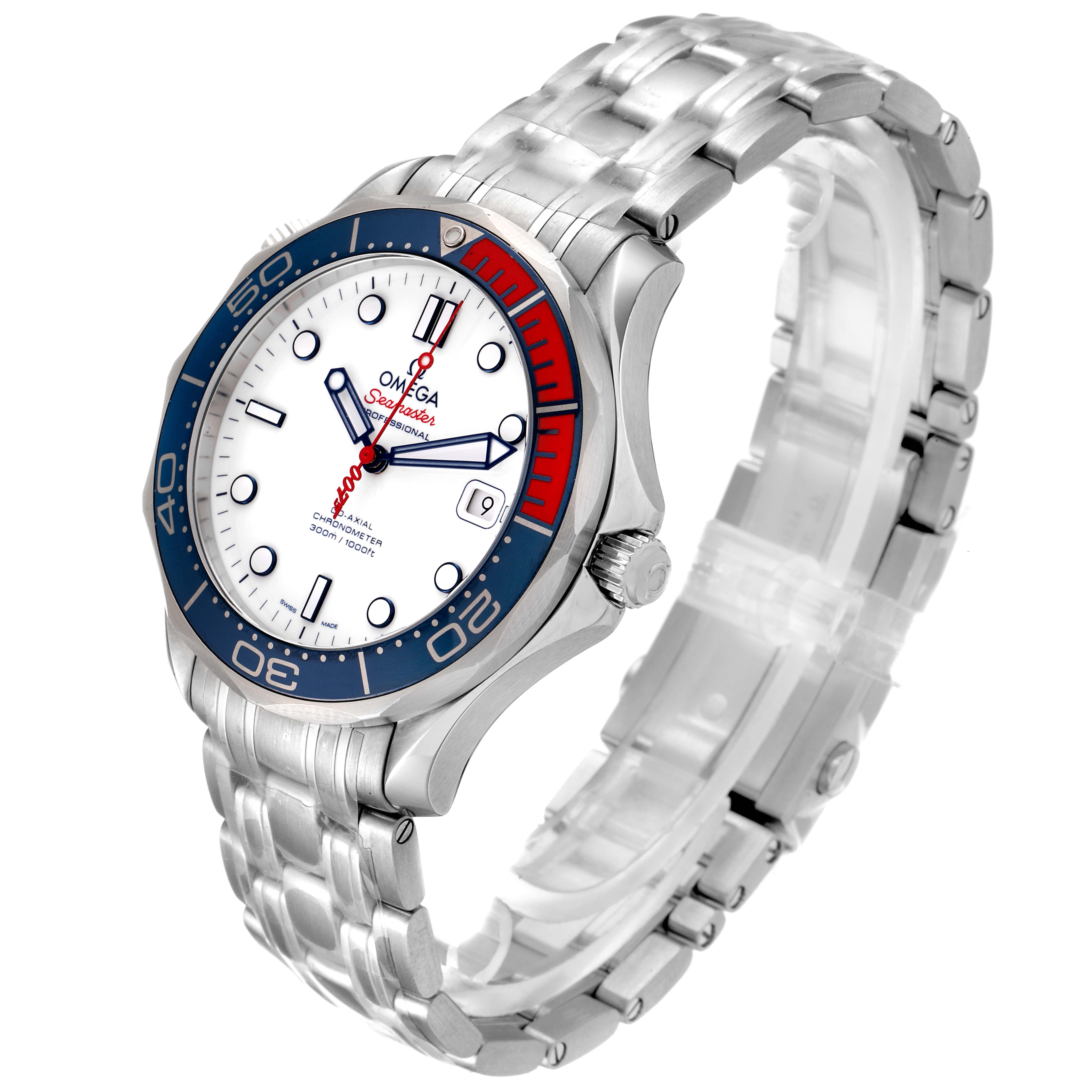 The Omega Seamaster 212.32.41.20.04.001 Men's Stainless Steel White Dial 212.32.41.20.04.001 Men's Stainless Steel White Dial watch is shown at an angle highlighting the face, bezel, crown, and bracelet.