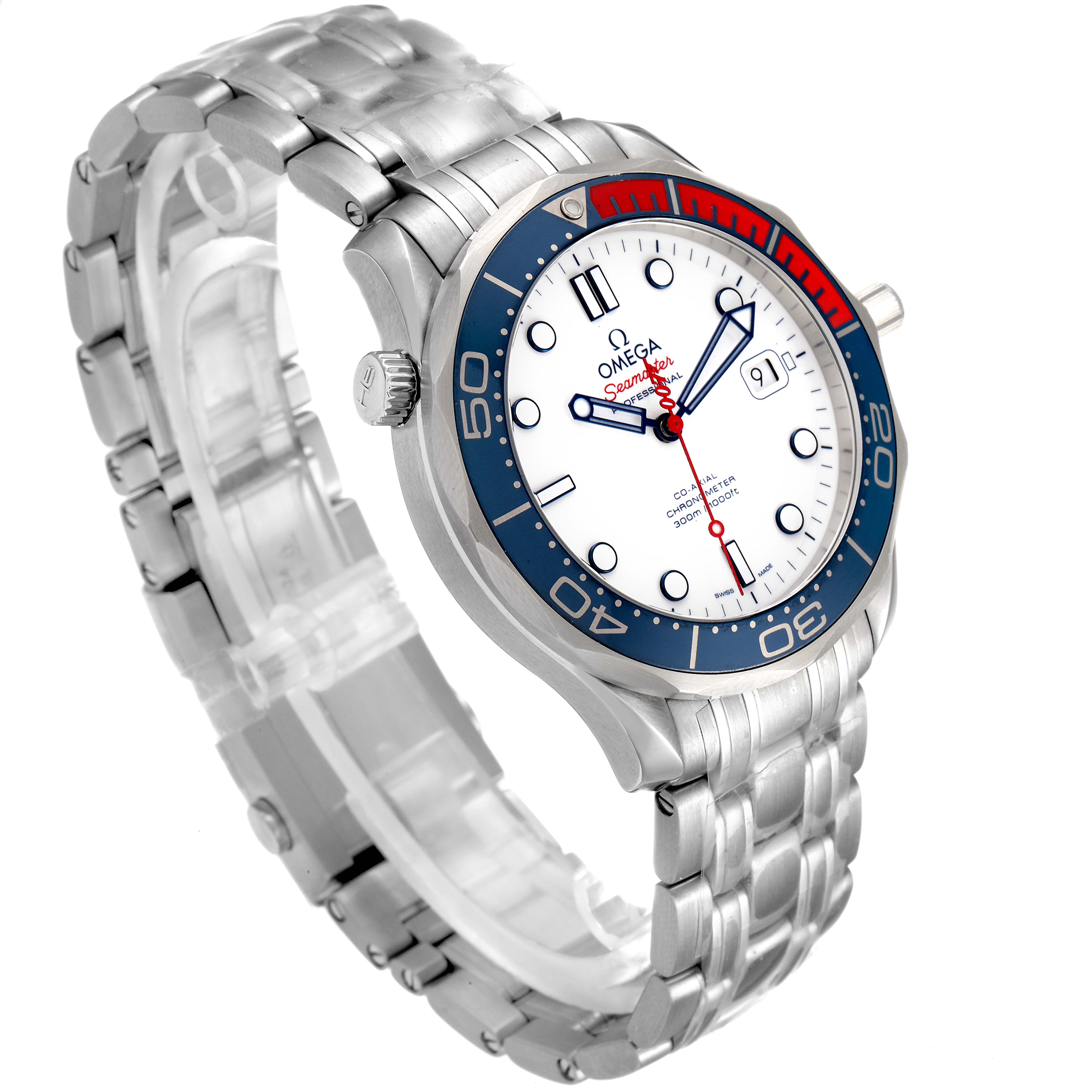 The Omega Seamaster 212.32.41.20.04.001 Men's Stainless Steel White Dial 212.32.41.20.04.001 Men's Stainless Steel White Dial watch is shown at an angled top-front view displaying the dial, bezel, crown, and stainless steel bracelet.