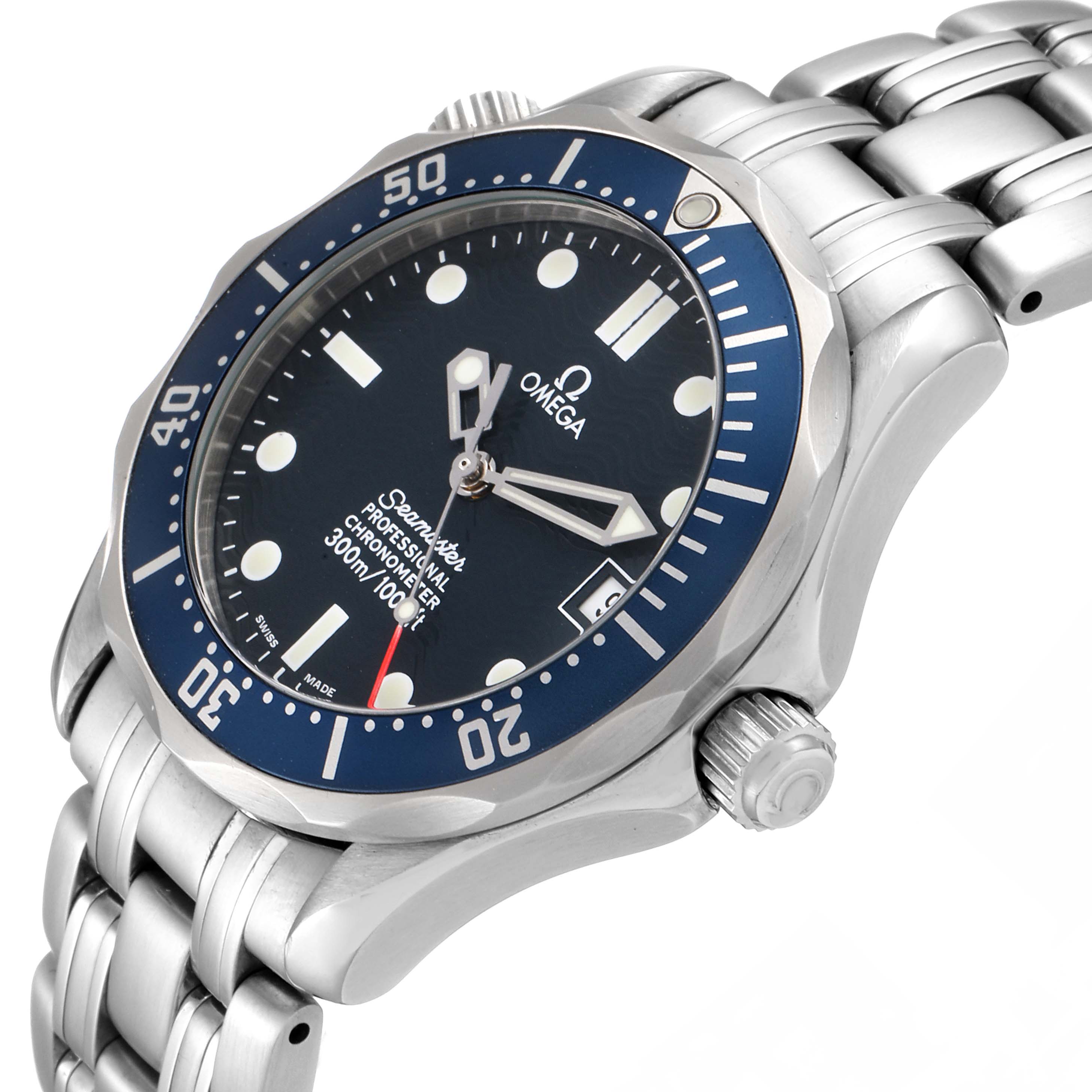 The image shows an Omega Seamaster 2551.80.00 Men
s Stainless Steel Blue Dial 2551.80.00 Men
s Stainless Steel Blue Dial watch at a slight angle, highlighting its dial, bezel, and part of the bracelet.
