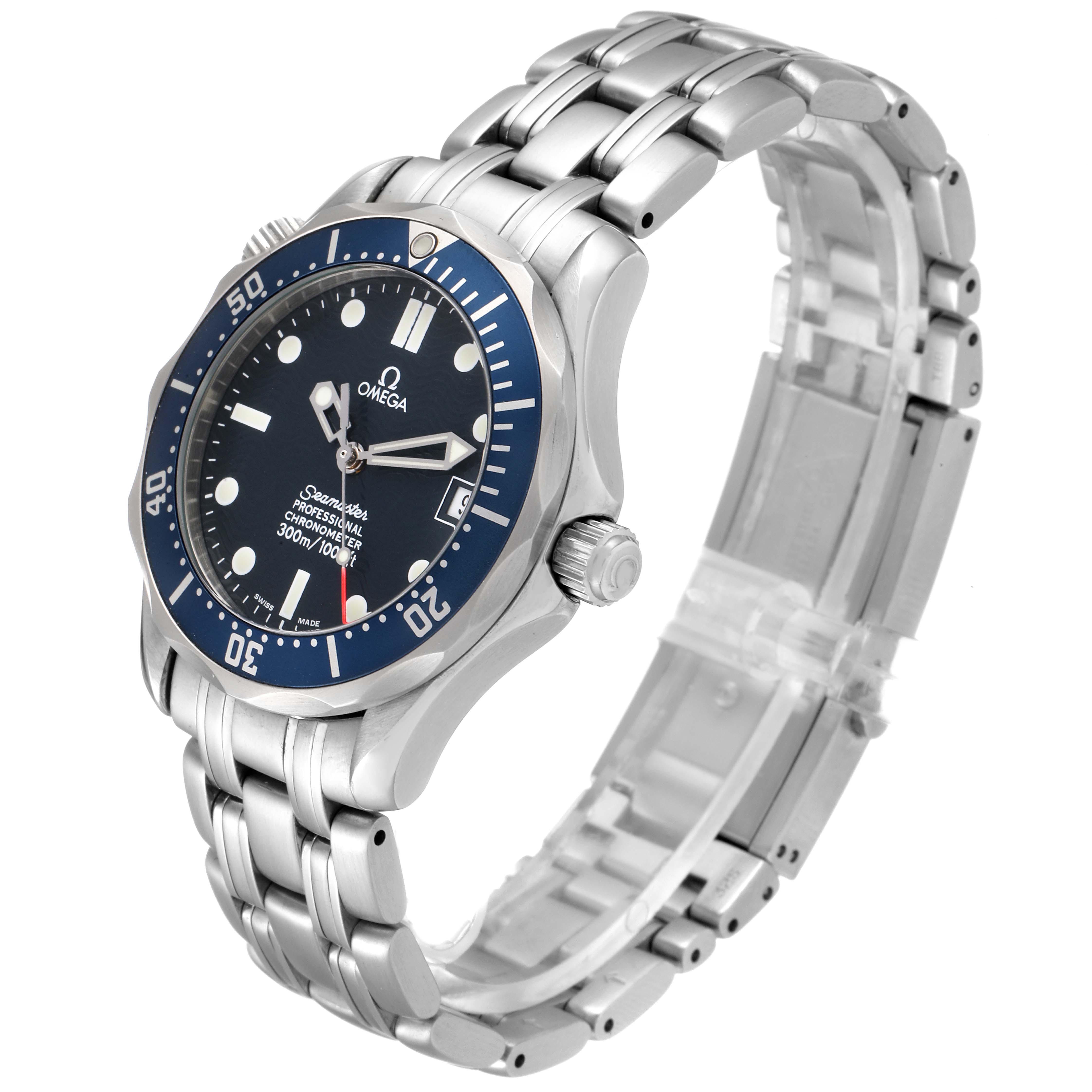The Omega Seamaster 2551.80.00 Men
s Stainless Steel Blue Dial 2551.80.00 Men
s Stainless Steel Blue Dial watch is shown at a front angle, showcasing the face, bezel, crown, and stainless steel bracelet.
