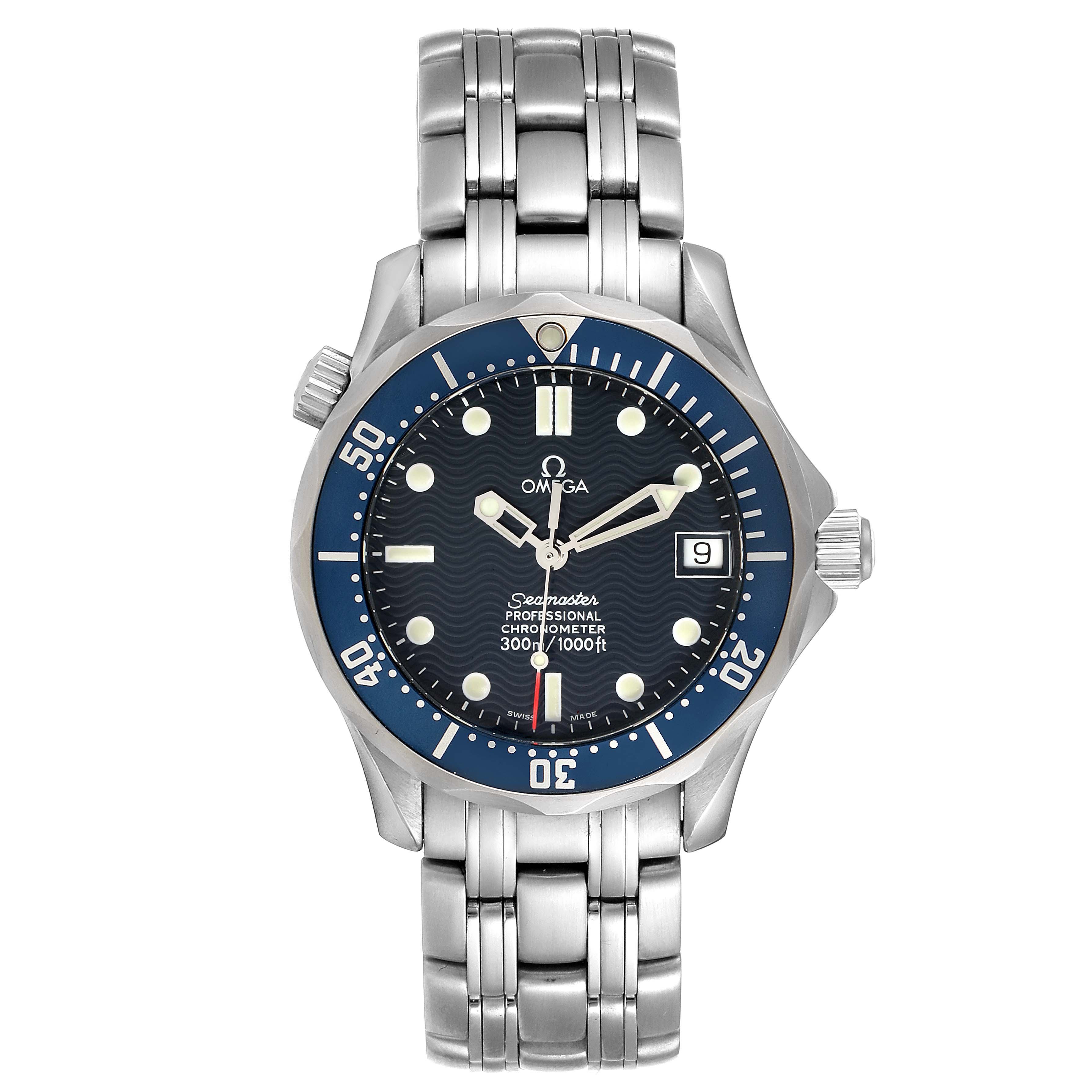 The Omega Seamaster 2551.80.00 Men
s Stainless Steel Blue Dial 2551.80.00 Men
s Stainless Steel Blue Dial watch is shown from a front angle, displaying its blue bezel, black dial, and silver bracelet.