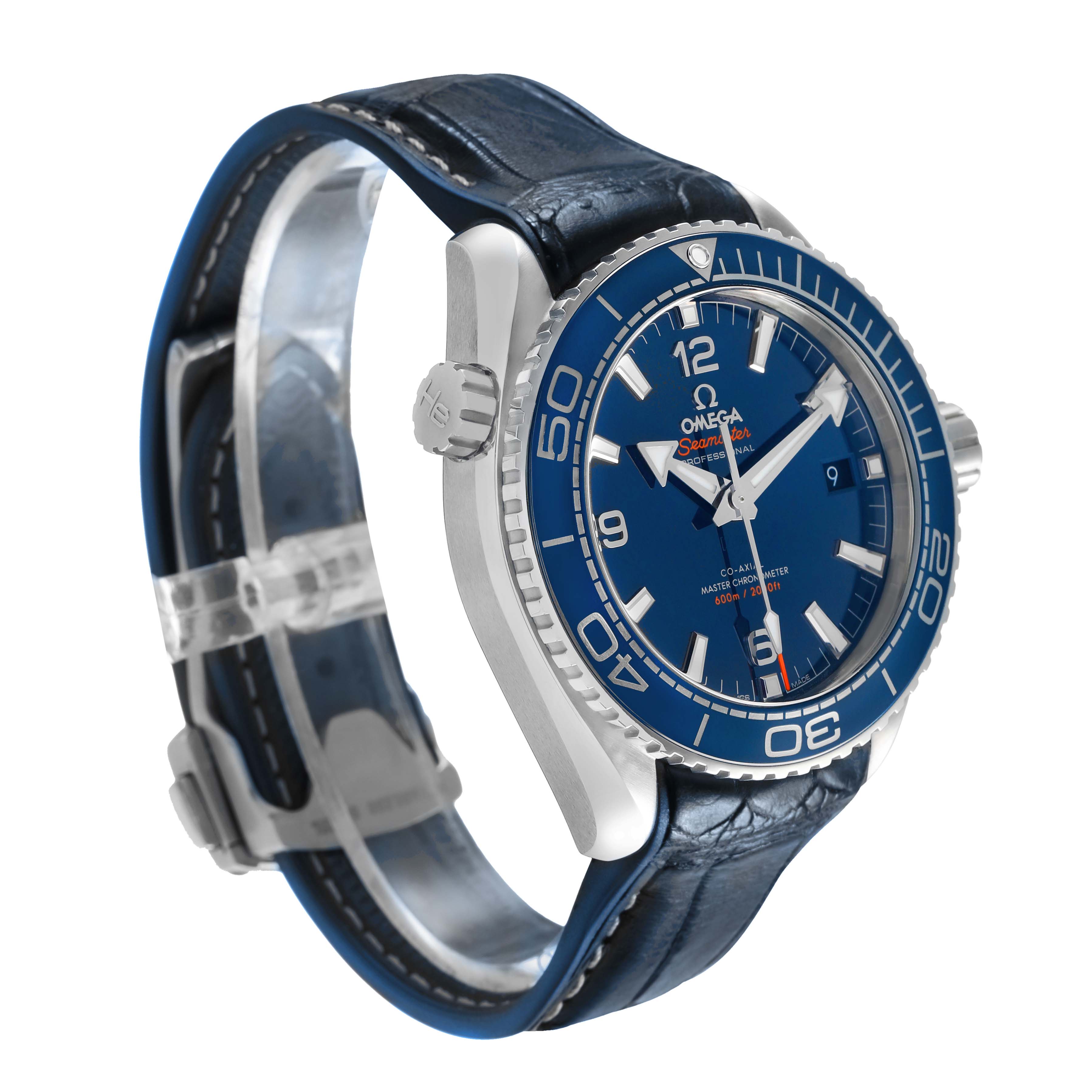 The Omega Planet Ocean 215.33.44.21.03.001 Men's Stainless Steel Blue Dial watch is shown from a side angle, displaying the face, bezel, crown, and leather strap.