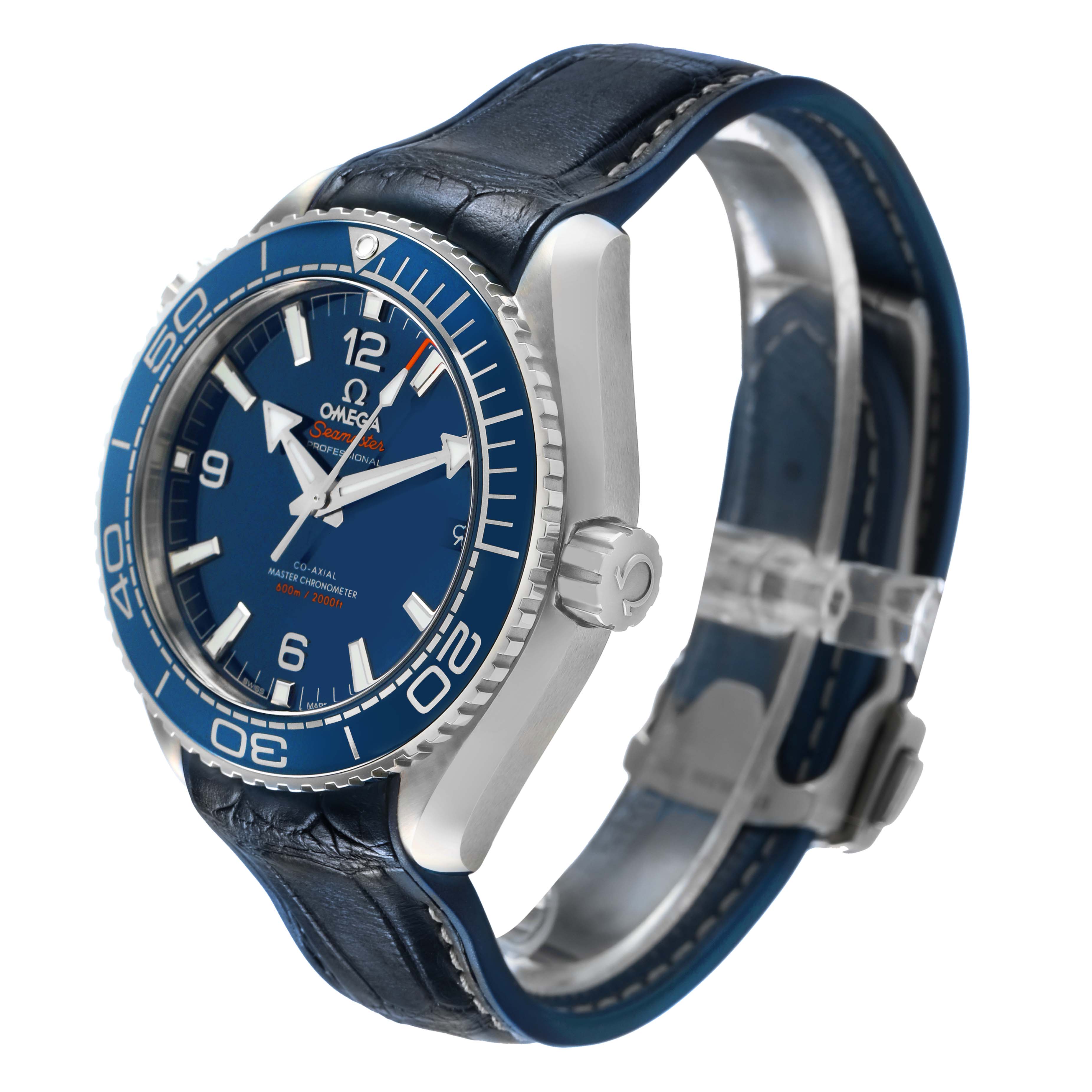The Omega Planet Ocean 215.33.44.21.03.001 Men's Stainless Steel Blue Dial watch is shown at a three-quarter angle, highlighting the dial, bezel, case, and leather strap.