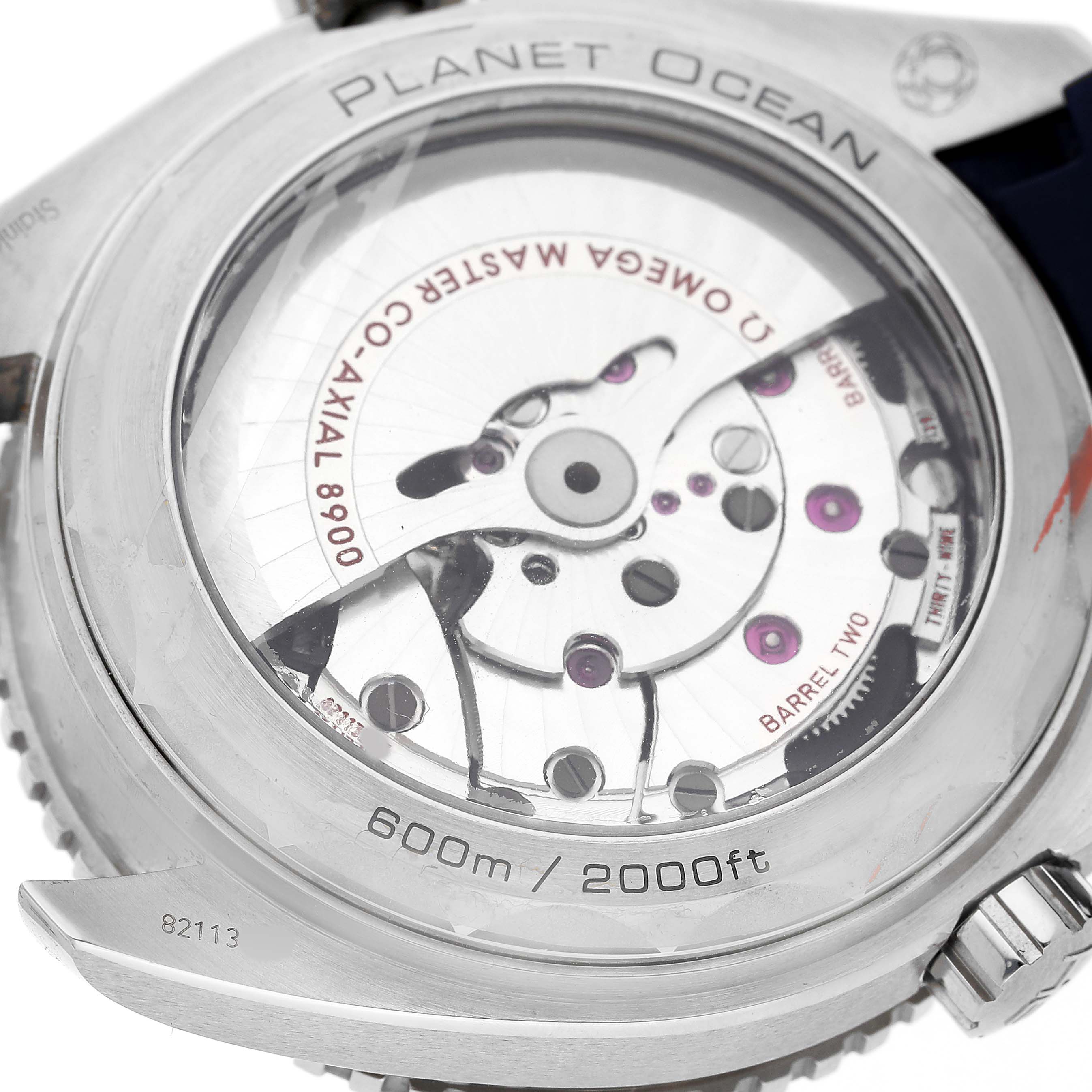 The image shows the case back of the Omega Planet Ocean 215.33.44.21.03.001 Men's Stainless Steel Blue Dial, revealing the Co-Axial movement inside.