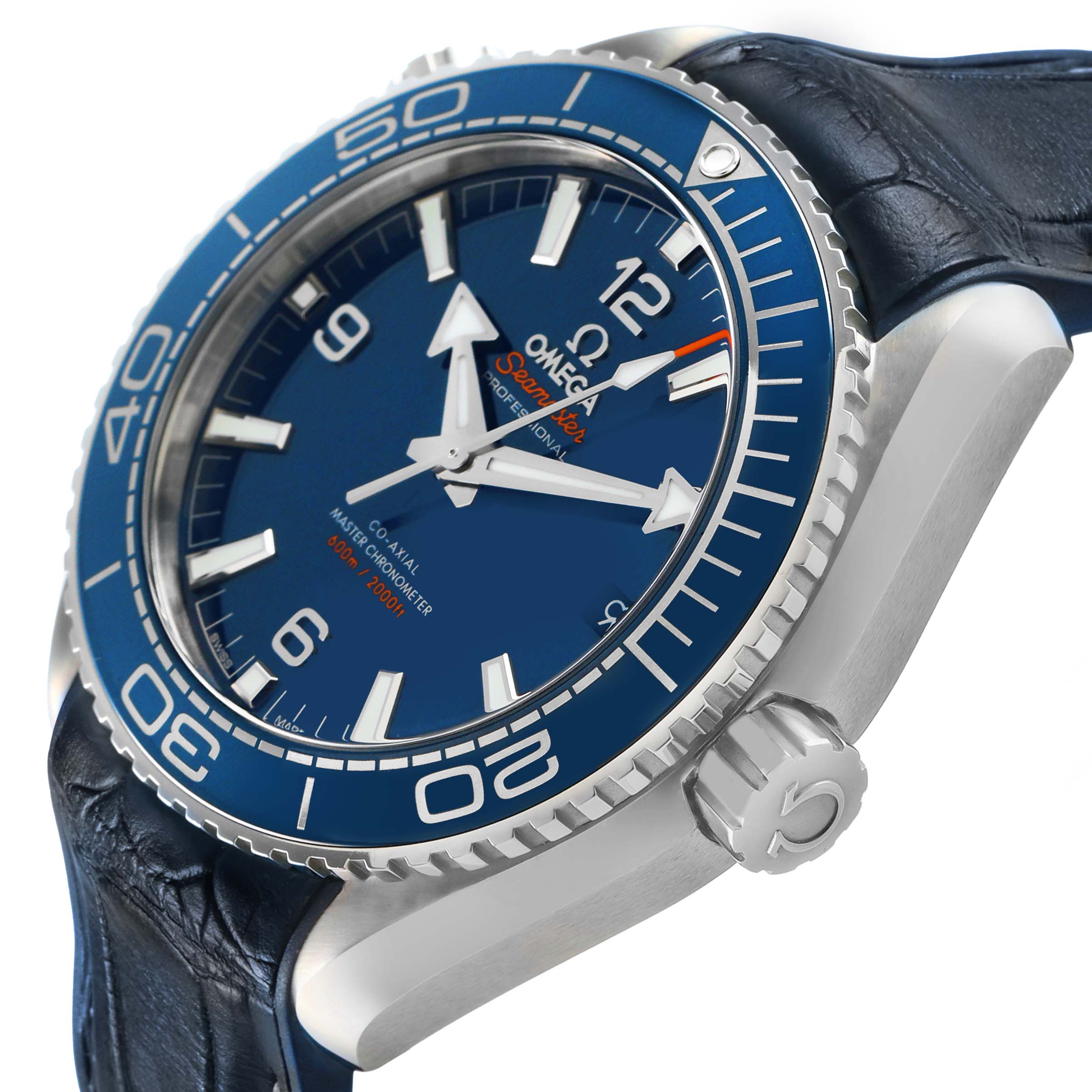 The Omega Planet Ocean 215.33.44.21.03.001 Men's Stainless Steel Blue Dial watch is shown at an angled side view highlighting its blue bezel, dial, and crown.