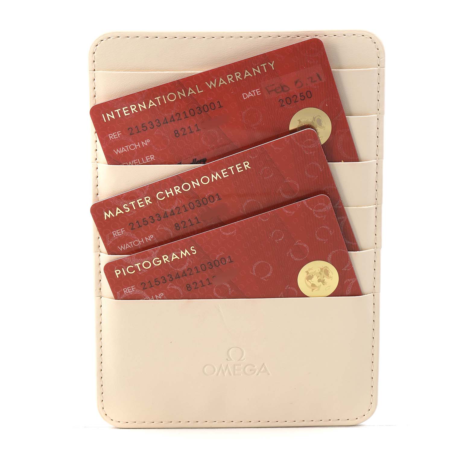 This image shows the warranty cards for an Omega Planet Ocean 215.33.44.21.03.001 Men's Stainless Steel Blue Dial watch, displayed vertically in a cardholder.