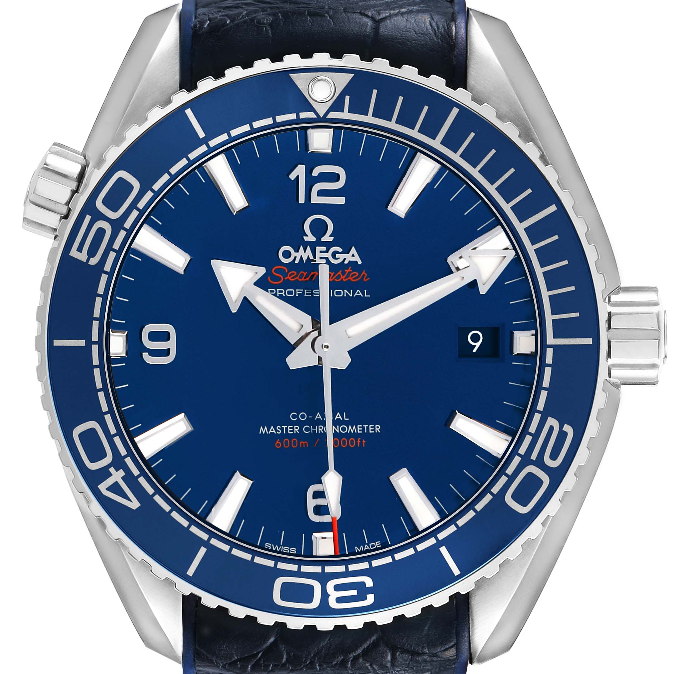 The Omega Planet Ocean 215.33.44.21.03.001 Men's Stainless Steel Blue Dial watch is shown from the front, highlighting the dial, bezel, markers, and crown.